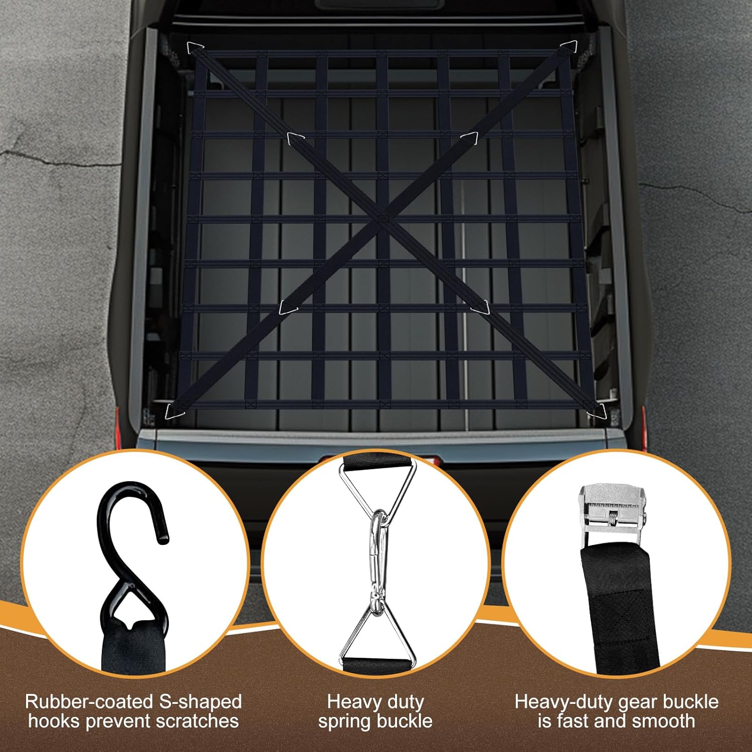 Cargo Net for Pickup Truck Bed, Heavy Duty 1100 lbs Capacity, Adjustable Cam Buckles & S-Hooks, Thick Herringbone Nylon, with Drawstring Storage Bag for Trailers and Trucks (66" x 50") - Image 2