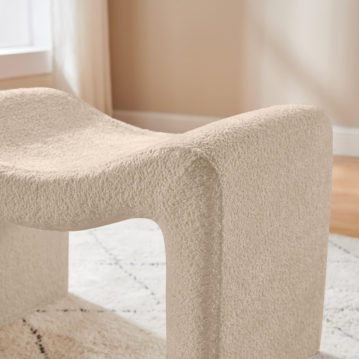 Modern Boucle Ottoman, Vanity Stool Chair, Foot Stool with Wooden Legs Sofa Bench Footstool Extra Seat for Vanity, Makeup Room, Living Room, Entryway, Set 2, Camel