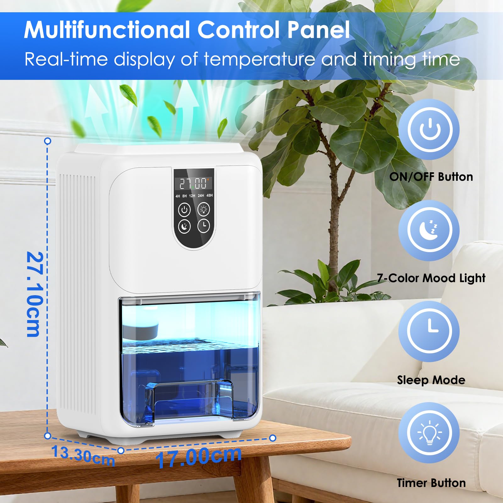 Deumidificatore Casa Muffa 2000ML, Deumidificatore Portatile Silenzioso Piccolo con Sbrinamento Automatico, Illuminazione a 7 colori e Timer 4-48 ore per Camera da Letto Bagno Cantina, 600ML/24H