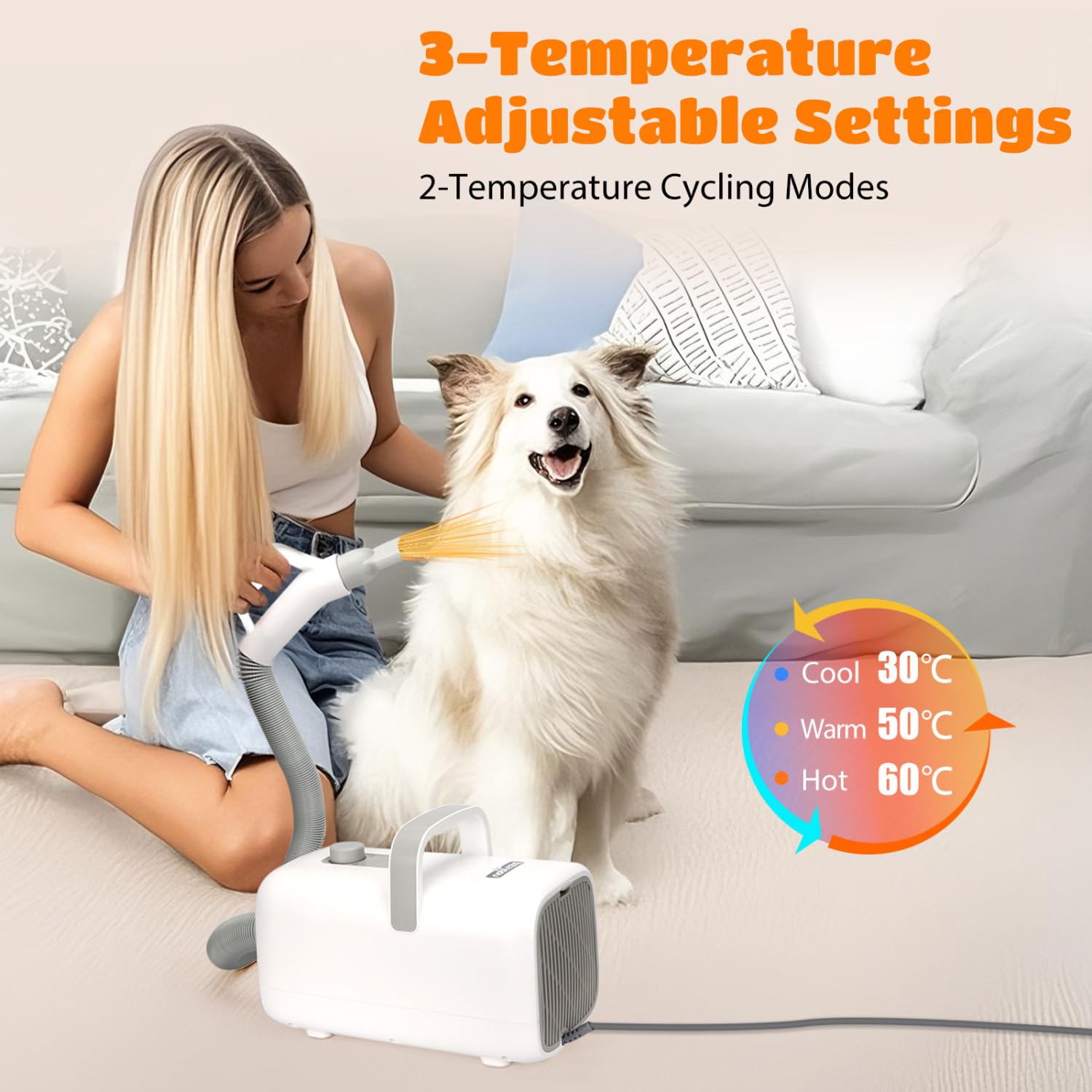 Nobleza Séchoir Professionnel pour Chiens et Animaux de Compagnie avec 4 Embouts, Vitesse/Température Réglables, Tuyau et Brosse Inclus, Faible Bruit