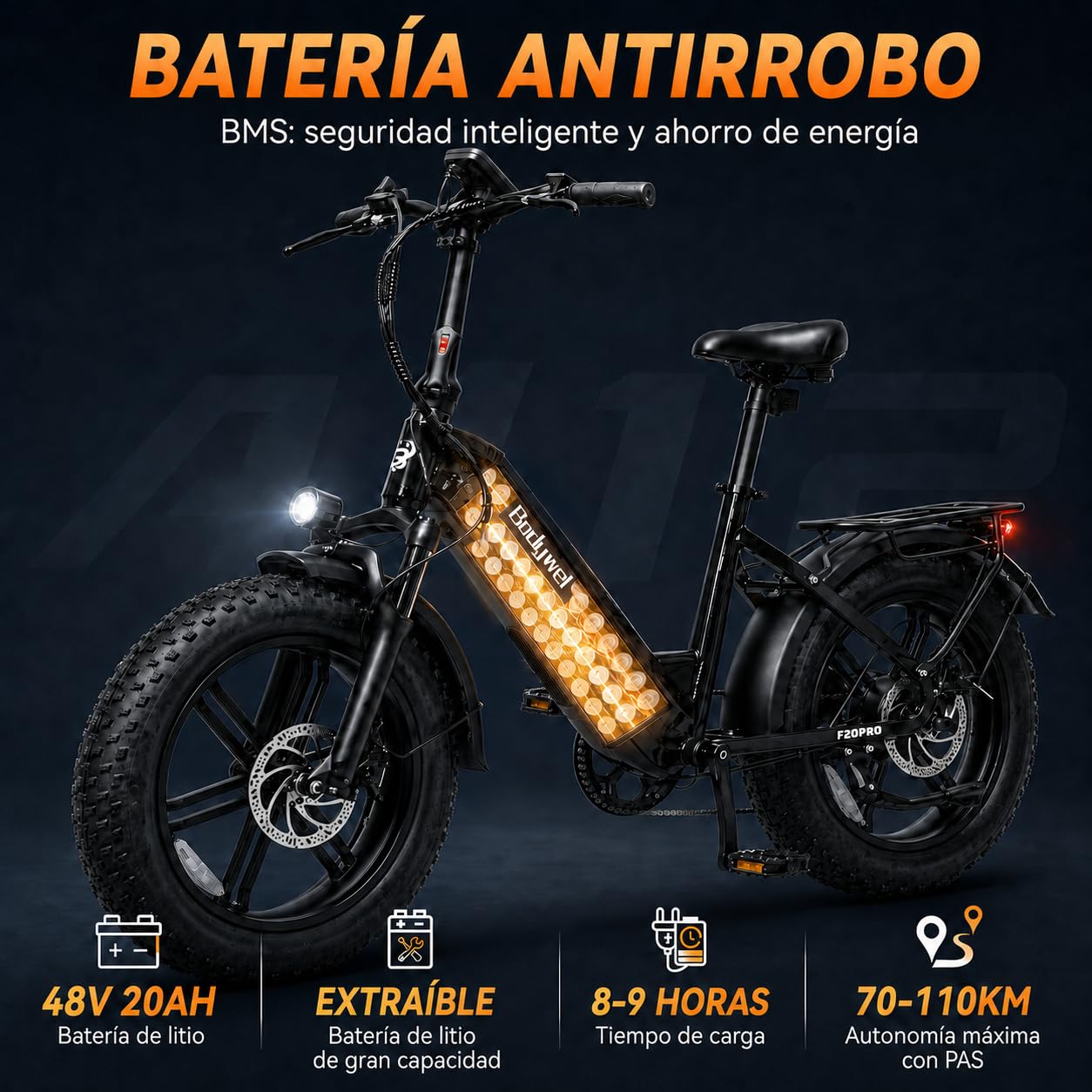 Bodywel F20Pro Bicicletas Eléctricas Adultos, 20x4.0” E-Bike Todo Terreno, Batería 48V 20Ah, Motor 250W, 7 Velocidades, Suspensión Ajustable, Frenos de Disco Doble