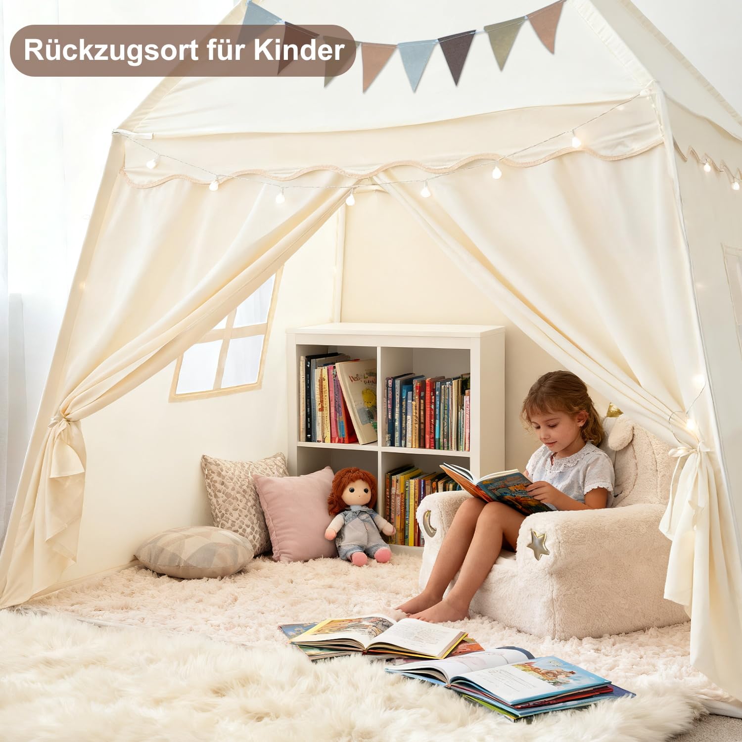 Kinderzelt Spielzelt Indoor Kinderzimmer Spielhaus: 150x100x150 cm Großes Spielhaus mit Matte – Lichtkette & 2 Deko-Sets – Schafft Festliche Stimmung zu Weihnachten (Beige)