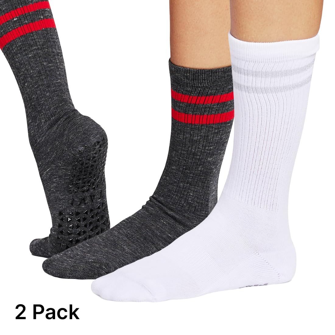 TAVI Kai Crew Grip - Calcetines para mujer, calcetines de pilates con agarres antideslizantes, soporte de arco, para yoga, barra, entrenamientos de estudio, Gris/blanco, paquete de 2, M