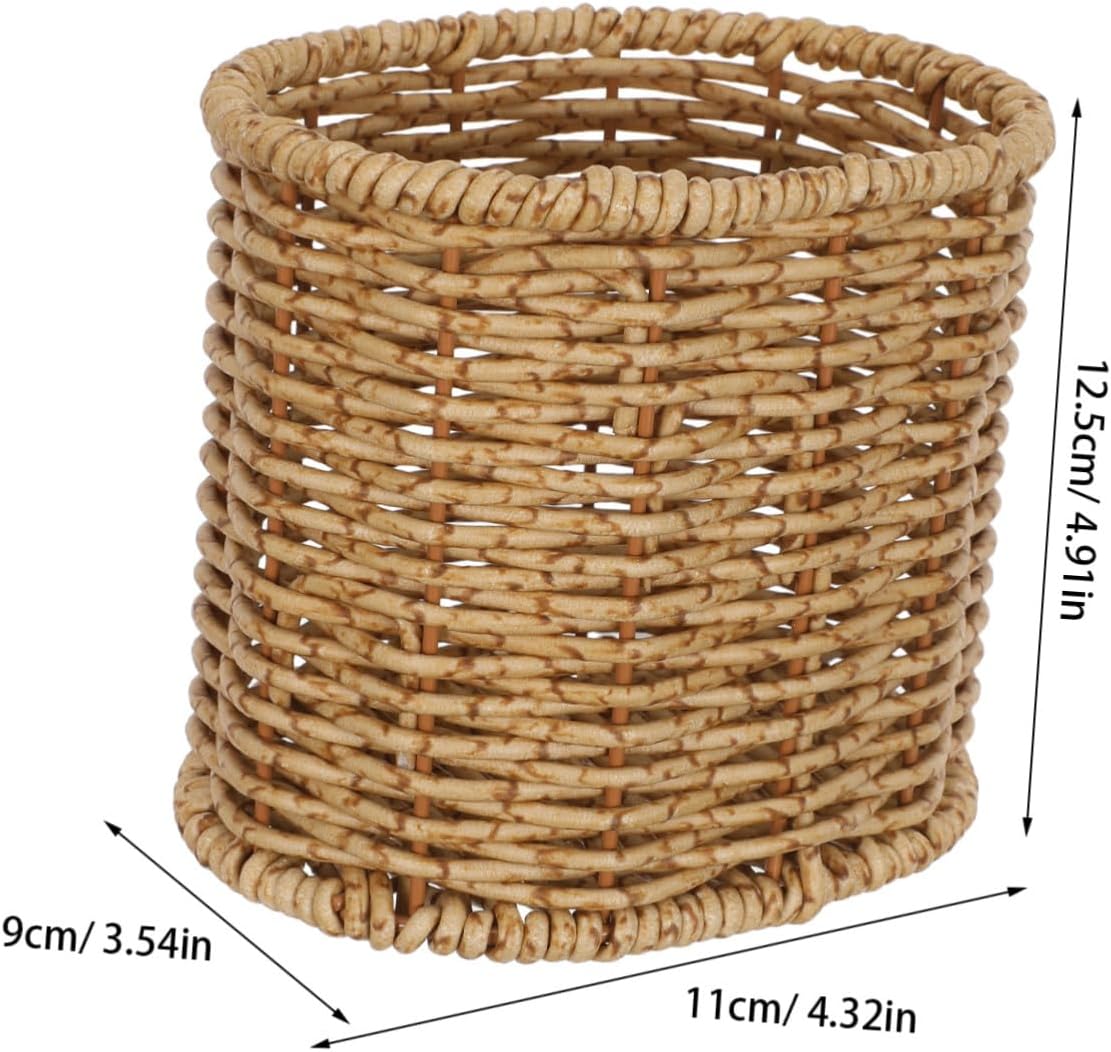 VALICLUD Wicker Style Kitchen Utensil Holder for Cutlery and Chopsticks, Oval Plastic Rattan Organizer with Metal Rack, Versatile Storage Basket for Kitchen Countertop or Coffee Station,