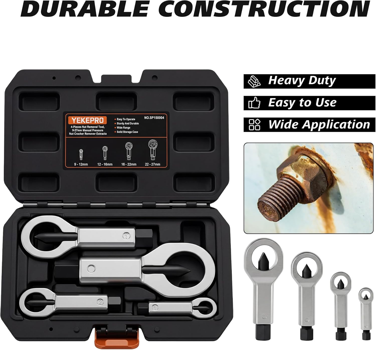 4-Piece Heavy Duty Nut Splitter Set, Nut Removal Tool, 9-27mm Manual Pressure Nut Cracker Remover Extractor, Designed Specifically for Removing Broken, Damaged, or Rusted Nuts