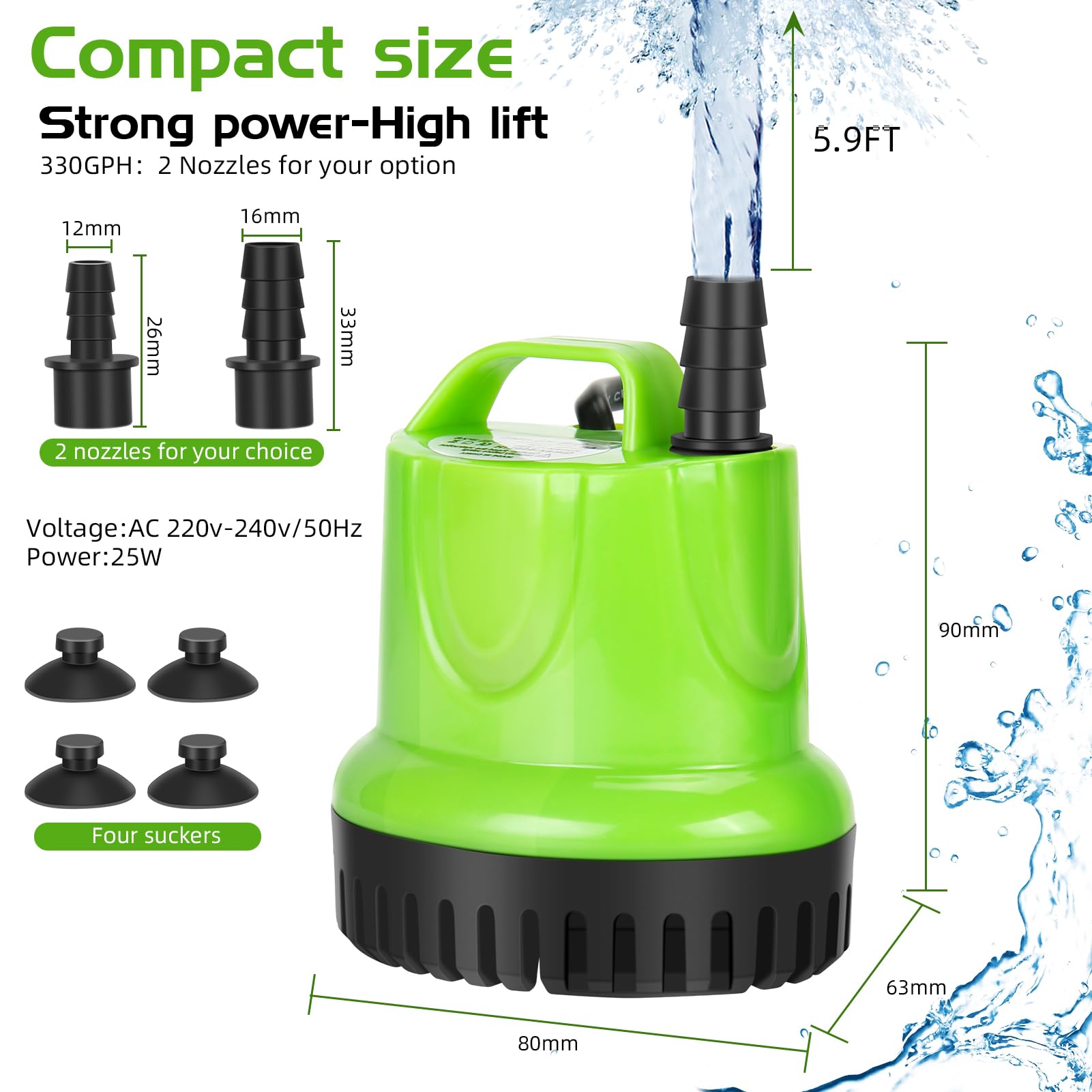 Pompa sommergibile da 25 W, 1200 l/h, ad alto flusso, protezione dalla combustione a secco con design estremamente silenzioso per fontane, acquari, idroponiche, stagni, acquari