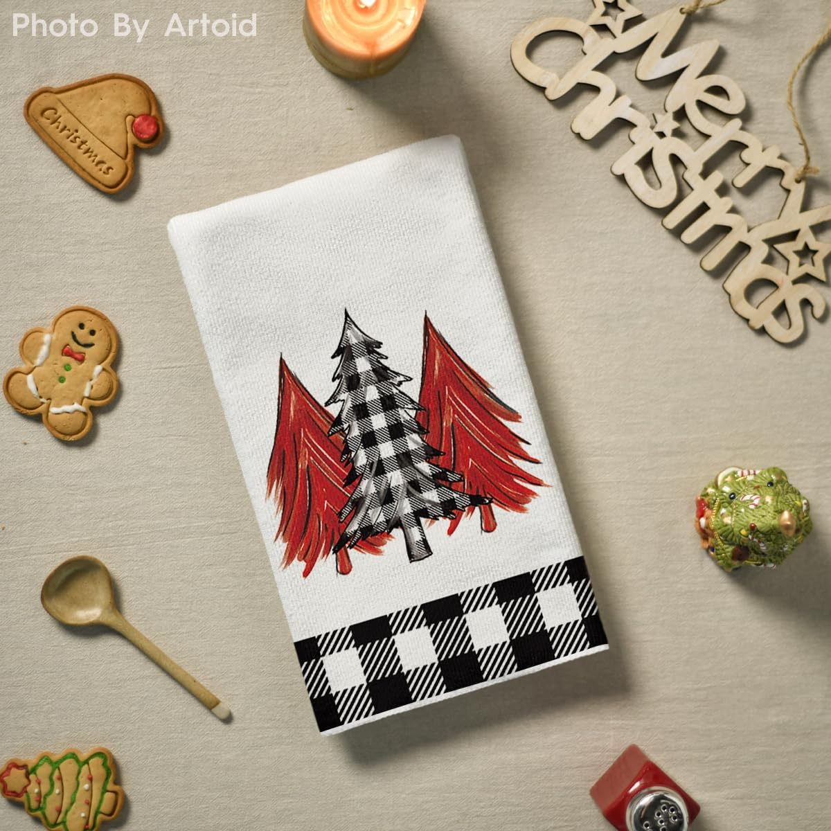 Artoid Mode Black White Buffalo Plaid Xmas Trees Joy Christmas Kitchen Towels Dish Towels, 18x26 Inch Seasonal Winter Decoration Hand Towels Set of 2 - Image 4