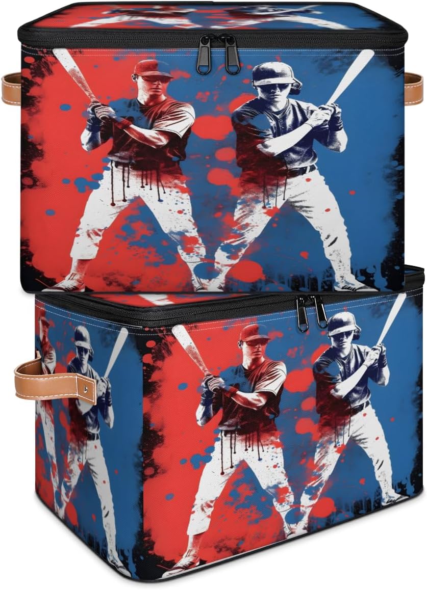 Storage Bin Set of 2 Baseball Player Storage Basket with Zipper Lid & Handle Foldable Closet Shelf 2 Pack Cloth Organizer Basket Cube Bins Clothes Organizer for Nursery, Bedroom
