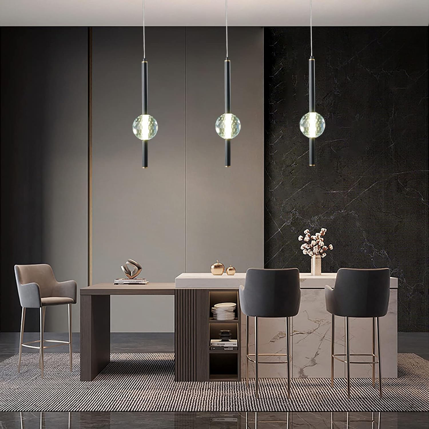 Kitchen Light Fixtures Ceiling Dimmable LED Modern Black Mini Pendant Lighting with Crystal Pendant Light for Kitchen Island Bedroom Hallway Entryway Black (3-Pack)