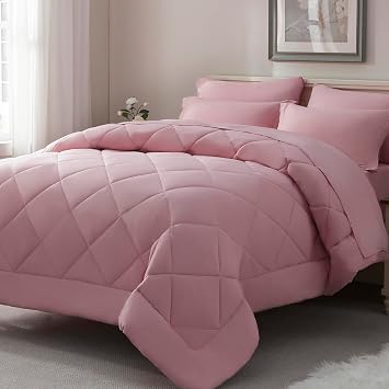 ELNIDO QUEEN Queen Comforter Set - 7 Pieces Bed in a Bag Queen Size, Bed Set for All Seasons, Blush Pink Ultra Soft Bedding Sets with Comforter, Flat Sheet, Fitted Sheet, Pillowcases and Pillow Shams