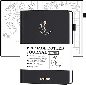 Premade Bullet Style Notebook with Hand-Drawn Pages, Dotted Journal with Unique Templates, Undated Planner with Weekly & Monthly Spreads, 12 Months, A5 Linen Hardcover