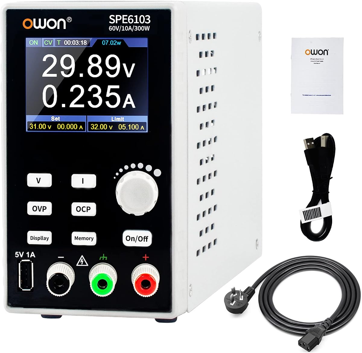 OWON SPE6103 Fuente de alimentación de laboratorio programable (0-60 V 0-10 A), fuente de alimentación CC de banco de 300 W con pantalla LCD de 2,8 pulgadas y botón de activación/desactivación de salida, salida de un solo canal con software de PC y carga USB