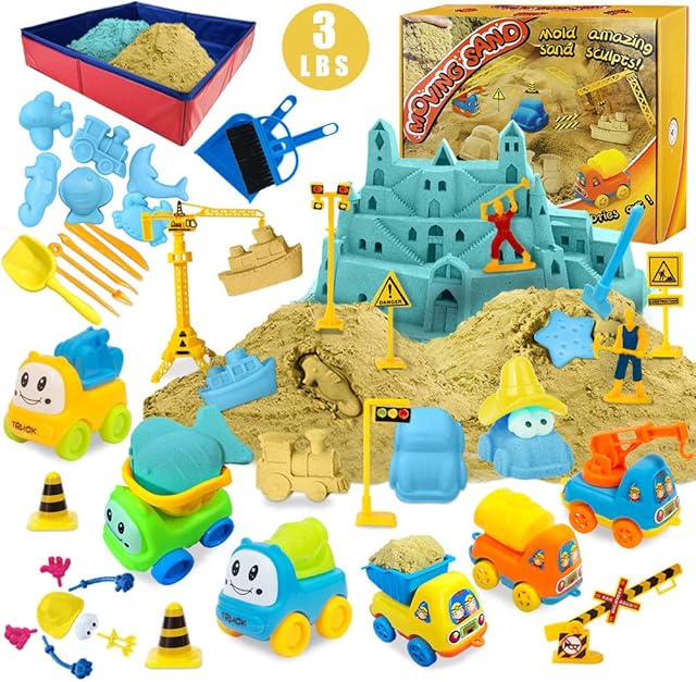ESSENSON Play Construction Sand Kit - 3lbs Sand with 2 Colors, 6 Mini Construction Trucks, Construction Toys and Signs Gifts for Boys Girls