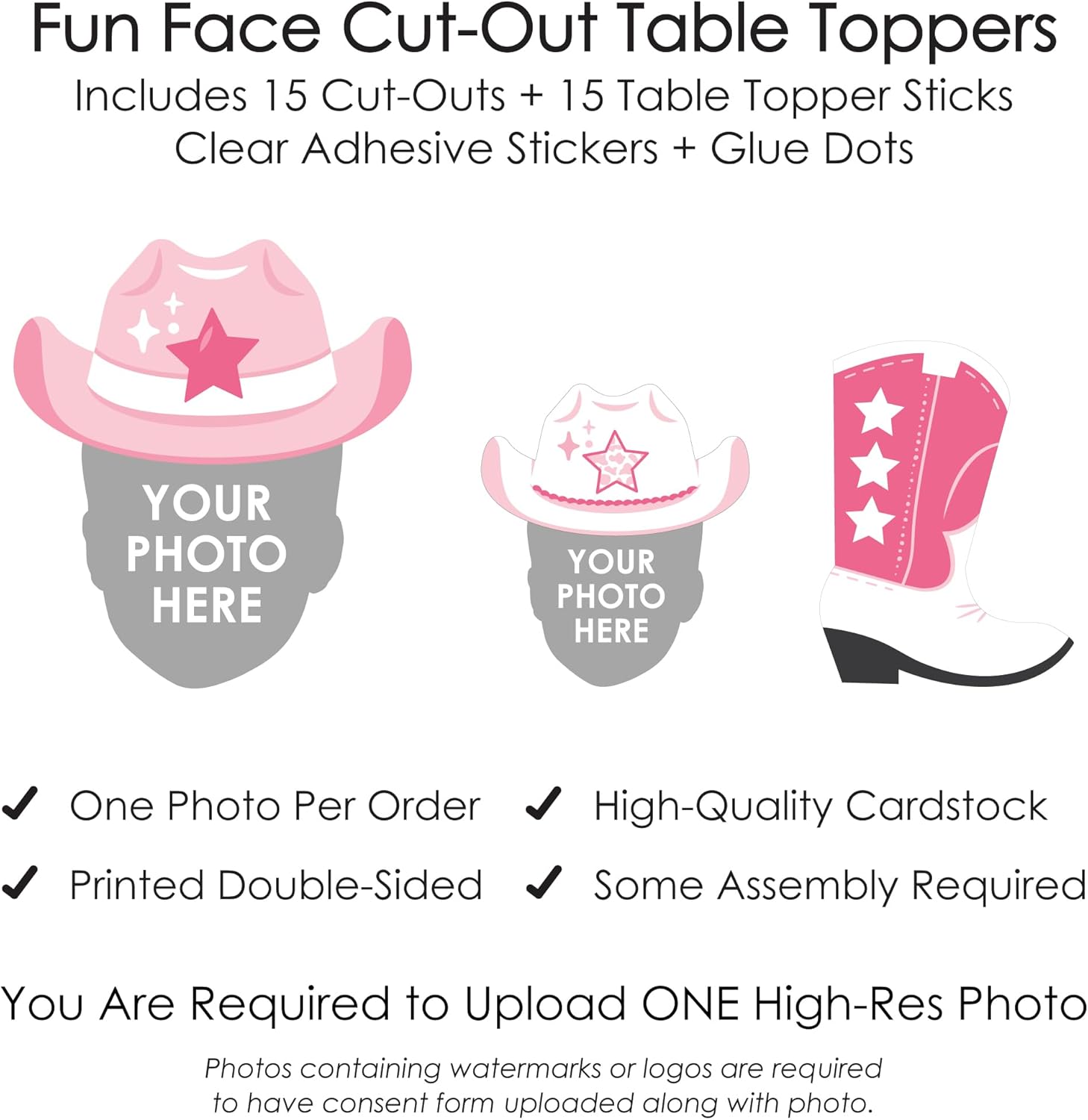 Big Dot of Happiness Custom Photo Last Rodeo - Pink Cowgirl Bachelorette Party Centerpiece Sticks - Fun Face Table Toppers - Set of 15