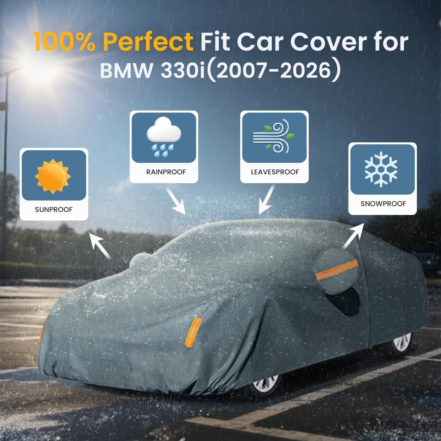 Waterproof Heavy Duty Car Cover Custom Fit BMW 330i (2007-2026), Outdoor Covers with Cotton Liner and Breathable Ventilation Mesh, Full Exterior Cover Sun Rain Snow UV Protection with Zipper Door