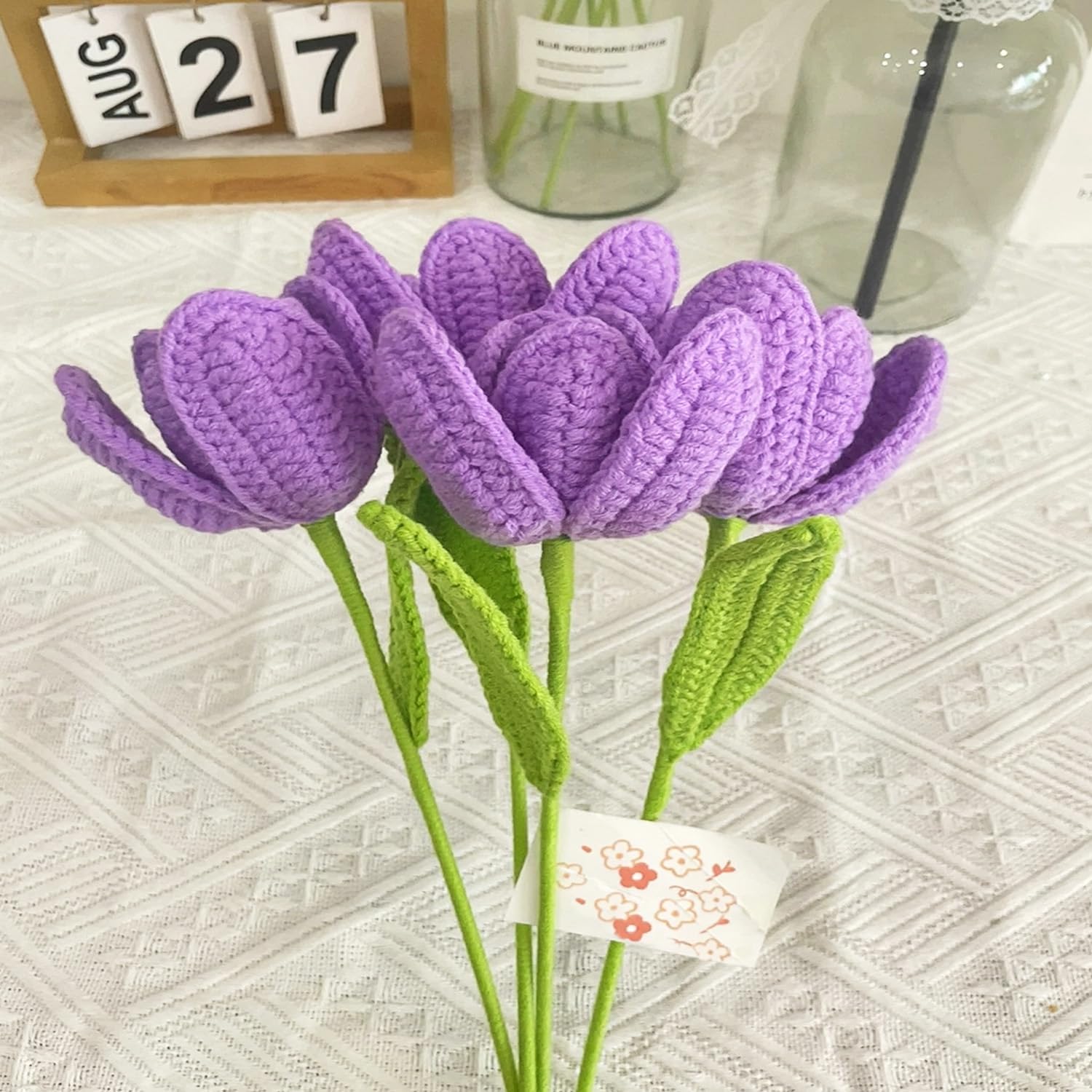 Tulip Crochet Flowers, Finished Handmade Crochet Tulips, Artificial Tulip Home Decor, Length 38cm/15 inches, Knitted Flower Never Withered, Flowers for Mom, Daughter, Wife, Teacher (Purple, 6)