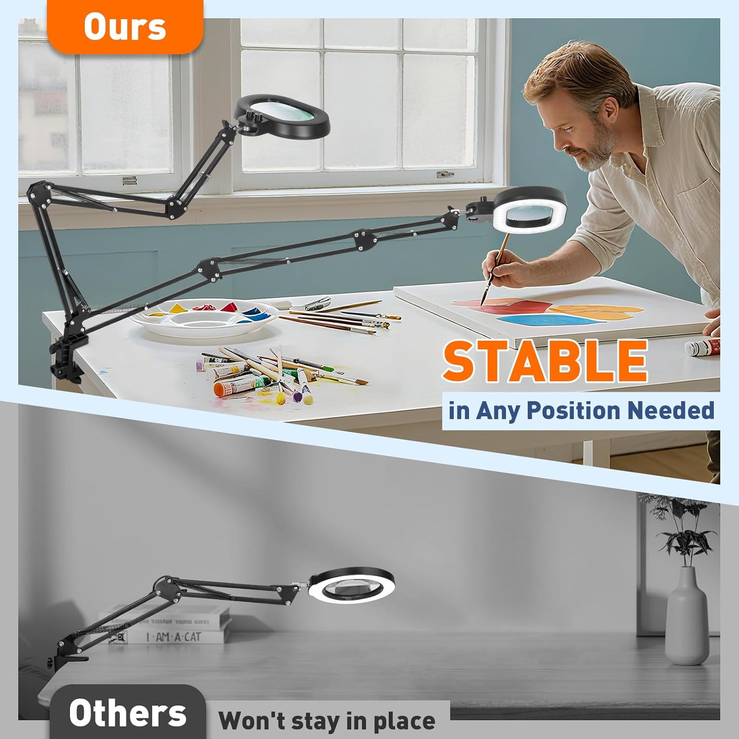 KIRKAS 12X Magnifying Glass with Light Three-axis Rotation, Extra-Long Arm Magnifying Lamp for Workbench Craft Repair Sewing, LED Lighted Magnifier Real Glass Lens Overhead Stepless Dimming and Color