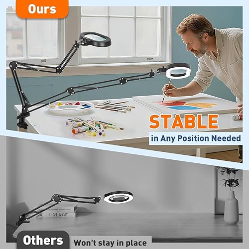 Miniatura 5 de KIRKAS Lupa de 12X con luz, rotación de tres ejes, lupa de brazo extra largo para banco de trabajo, reparación de manualidades, costura, lupa con