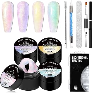 MEET ACROSS 9Pcs 3D Builder Gel Kit for Nail Art Aurora Pink Purple Non Sticky Hand Carving Extension Solid Builder Gel for Nails with Silicone Pen Manicure Kit 4 Colors