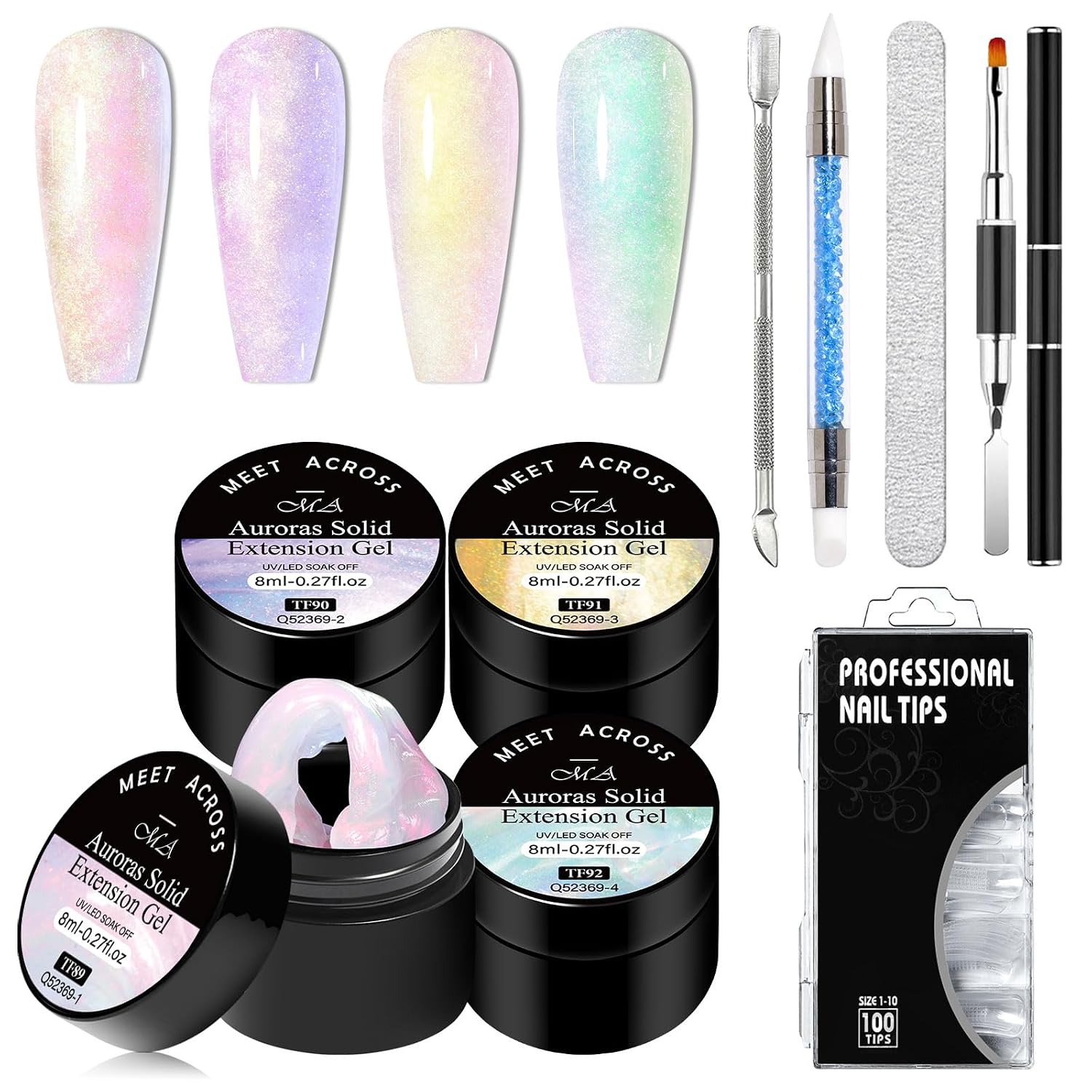 MEET ACROSS 9Pcs 3D Builder Gel Kit for Nail Art Aurora Pink Purple Non Sticky Hand Carving Extension Solid Builder Gel for Nails with Silicone Pen Manicure Kit 4 Colors