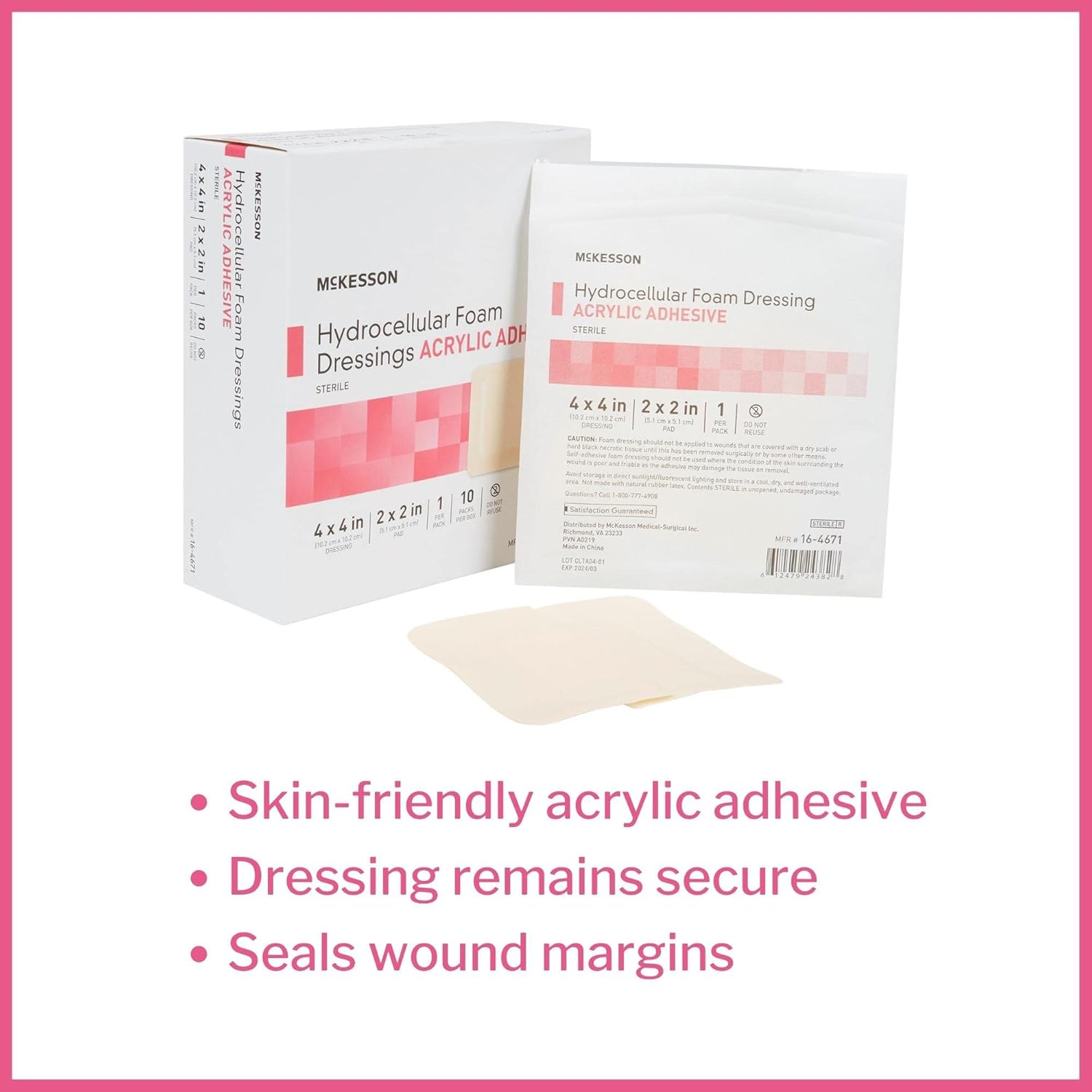 McKesson Hydrocellular Foam Dressings, Sterile, Acrylic Adhesive with Border, 4 in x 4 in, 10 Count, 10 Packs, 100 Total