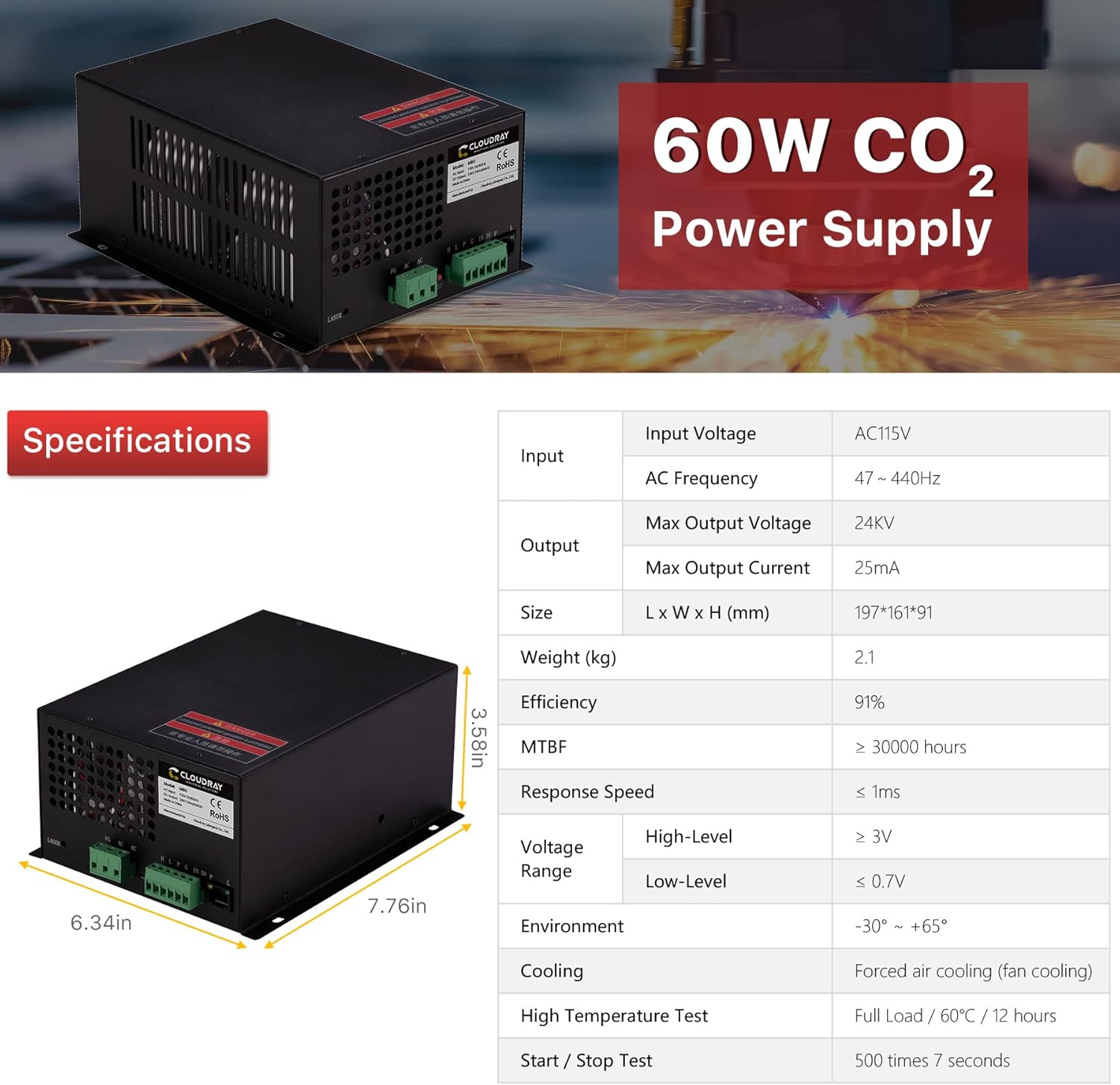 Image showing the Cloudray 60W CO2 Power Supply with a detailed specifications table and dimensions.