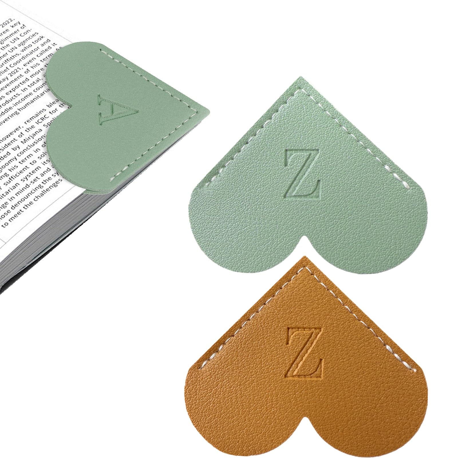 2Pcs Personalized Leather Heart Bookmark with Initial, 26 Letters Custom Corner Page Book Mark for Reading Women, Book Lovers, Teachers, Students,