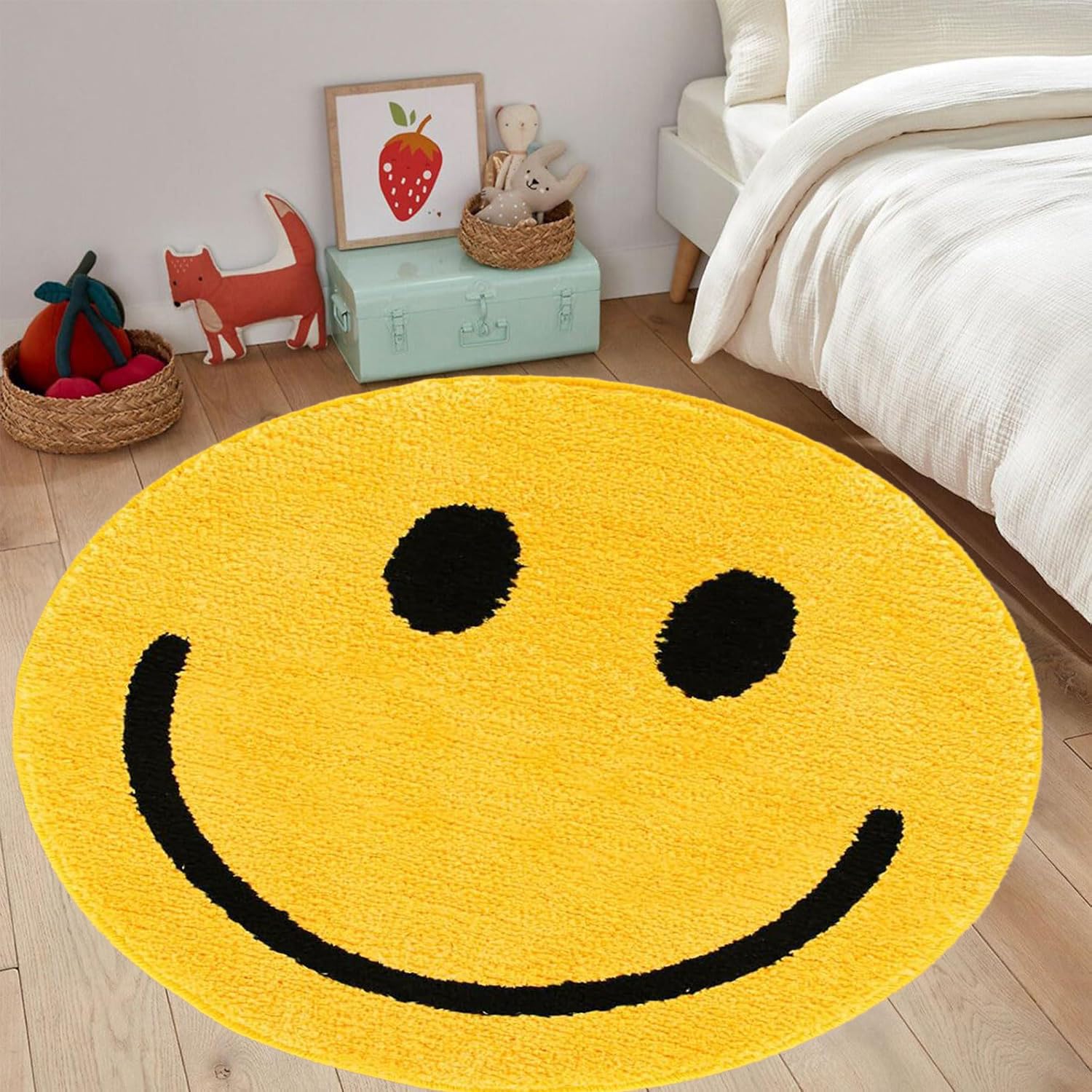 Tapis chambre enfant rond 180 cm jaune et noir avec motif de dessin animé