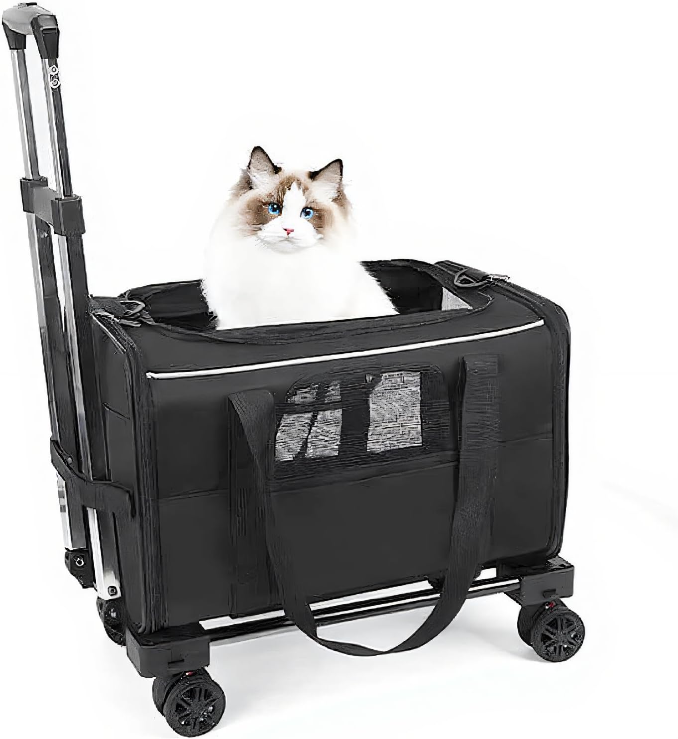 Pet Trolley Bag, Detachable Rolling Carrier for Small Dogs Cats | Portable Pet Travel with Telescopic Handle and Shoulder Strap, for Airplane Car (Black with white edges)