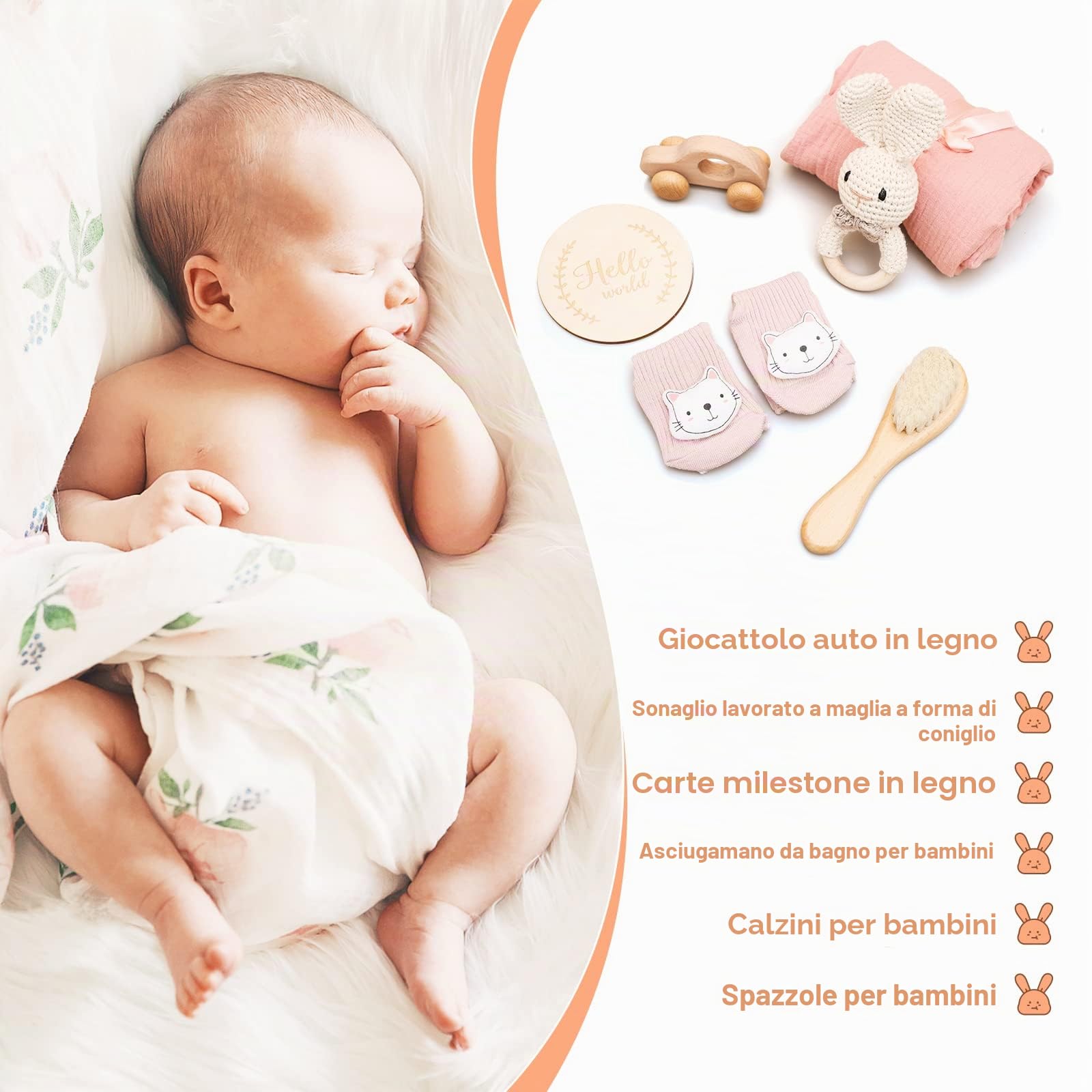 Youuys 7 Pezzi Regalo Set per Neonato, Regalo per Bambino e Bambina, Asciugamano da Bagno, Sonaglio, Giocattolo in Legno, Cartoline, Calzini, Spazzola, Baby Shower (Coniglio Beige)
