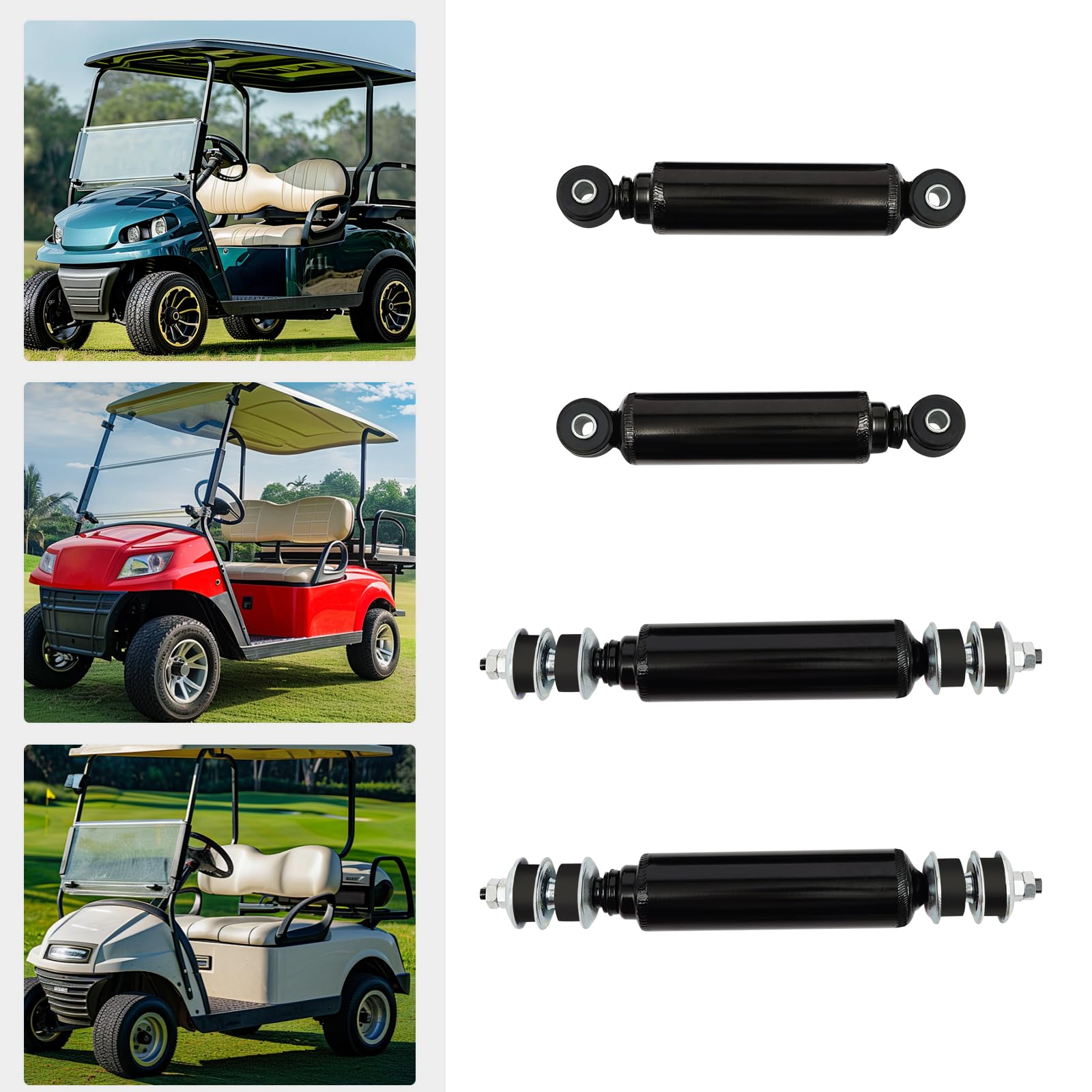 Juego de 4 amortiguadores hidráulicos para Club Car DS/Precedent/Tempo | Delantero+Trasero | OEM 1014235/1015813 | Metal con pintura pulverizadora | Listo para usar (1988-2018)