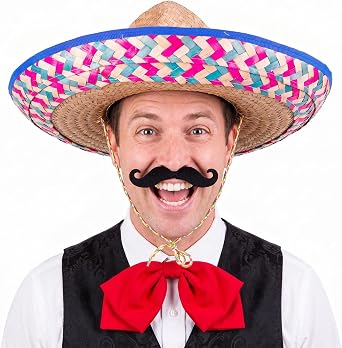 DUNCHATY Mexican Sombrero Hat Adults Authentic Straw Sombrero with Serape Trim for Cinco de Mayo Fiesta