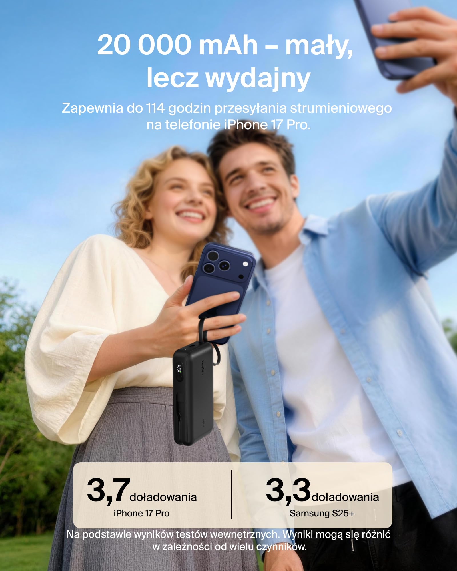 Belkin UltraCharge Powerbank 20 000 mAh, Kabel USB-C, Wyświetlacz – Czarny | Powerbank 20 000 mAh, Ładowanie 3 Urządzeń (1 Port USB-C, 1 Port USB-A, Kabel USB-C), 45 W, Wstępnie Naładowany, Wyświetlacz