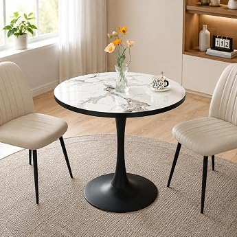 FATIVO Round Dining Table 76.5 cm Marble Effect with Black Metal Frame