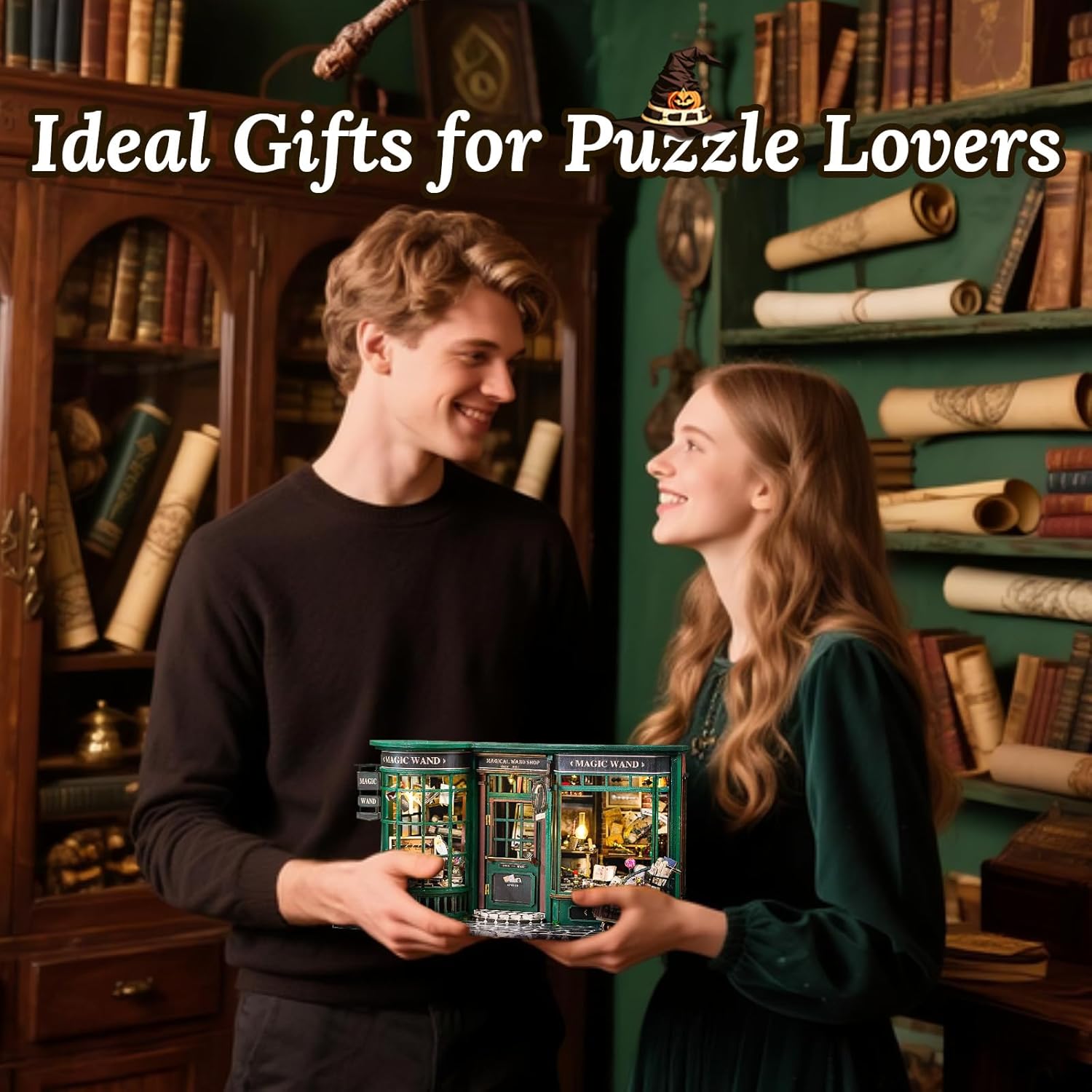 Fsolis DIY Miniature Dollhouse Kit for Adults - Tiny House Mini Bookshelf Diorama Scene Kit 3D Wooden Puzzles Gifts for Women Teenagers Craft Lovers (Magic Wand)