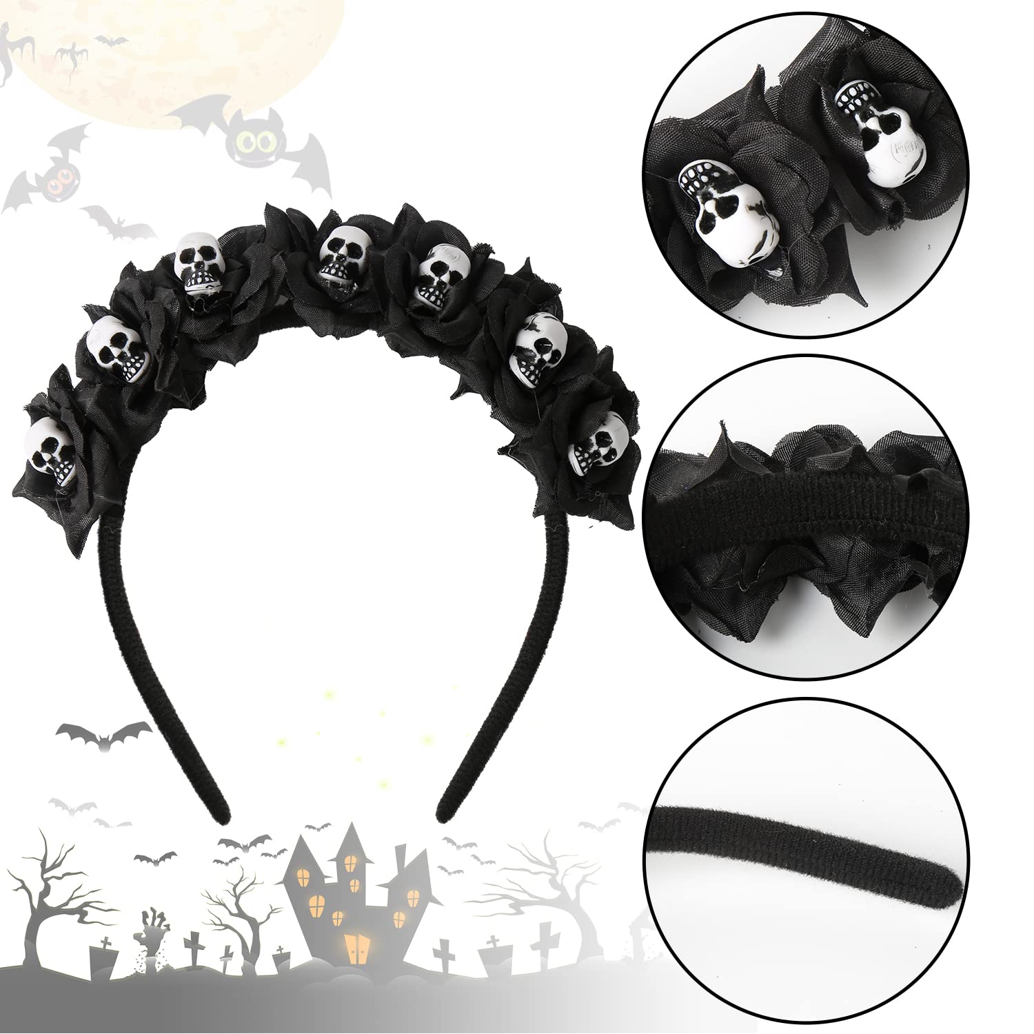 VEYLIN Halloween Hoop,Flower Skeleton Headband for Halloween Party, Black, M - Image 4