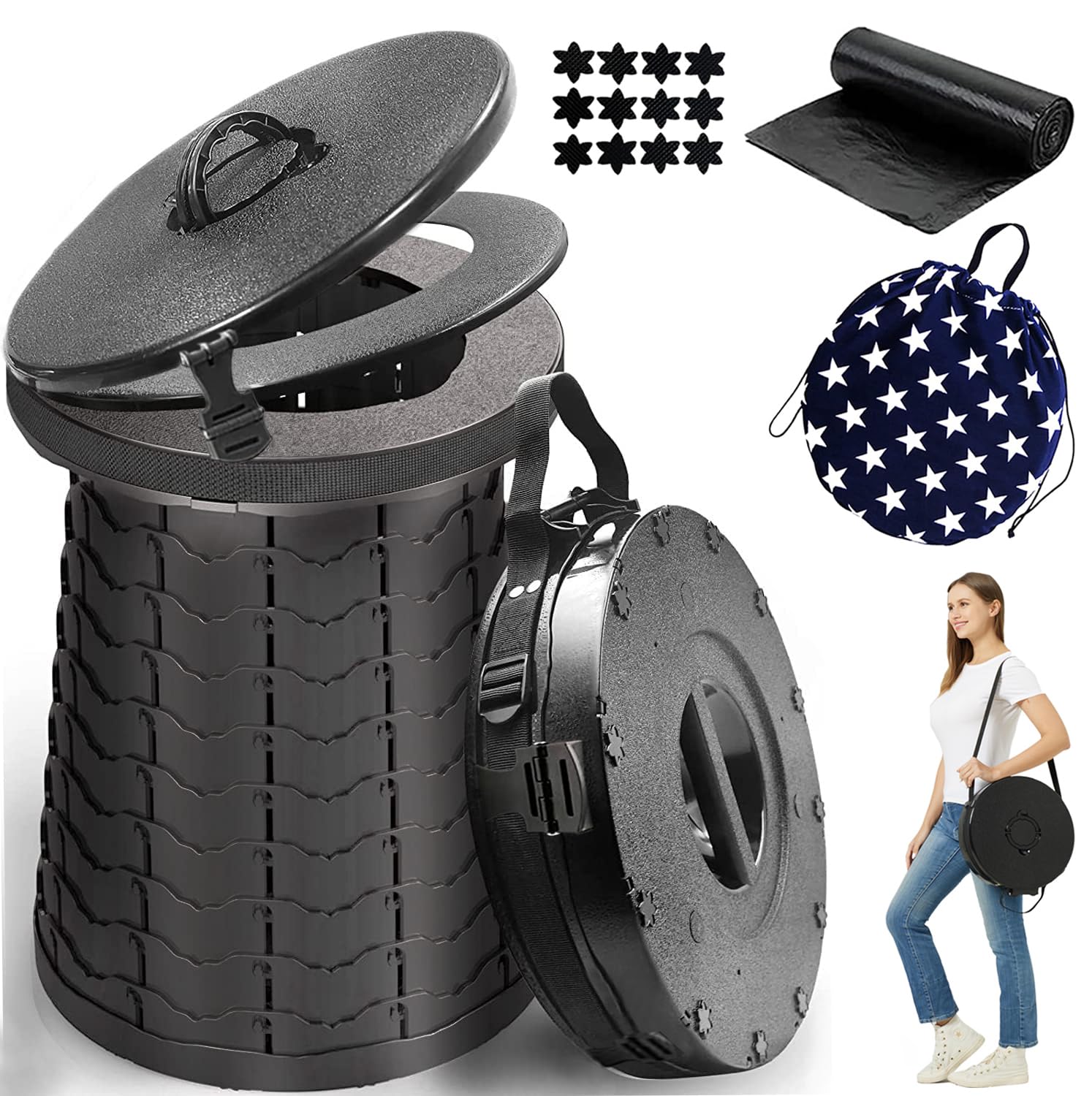 Portable Toilet for Camping Portable Folding Toilet with Carry Bag, Retractable Travel Toilet Foldable Stool Camping Toilet for Adults Kids, Height Adjustable & Sturdy Capacity 880 Lbs