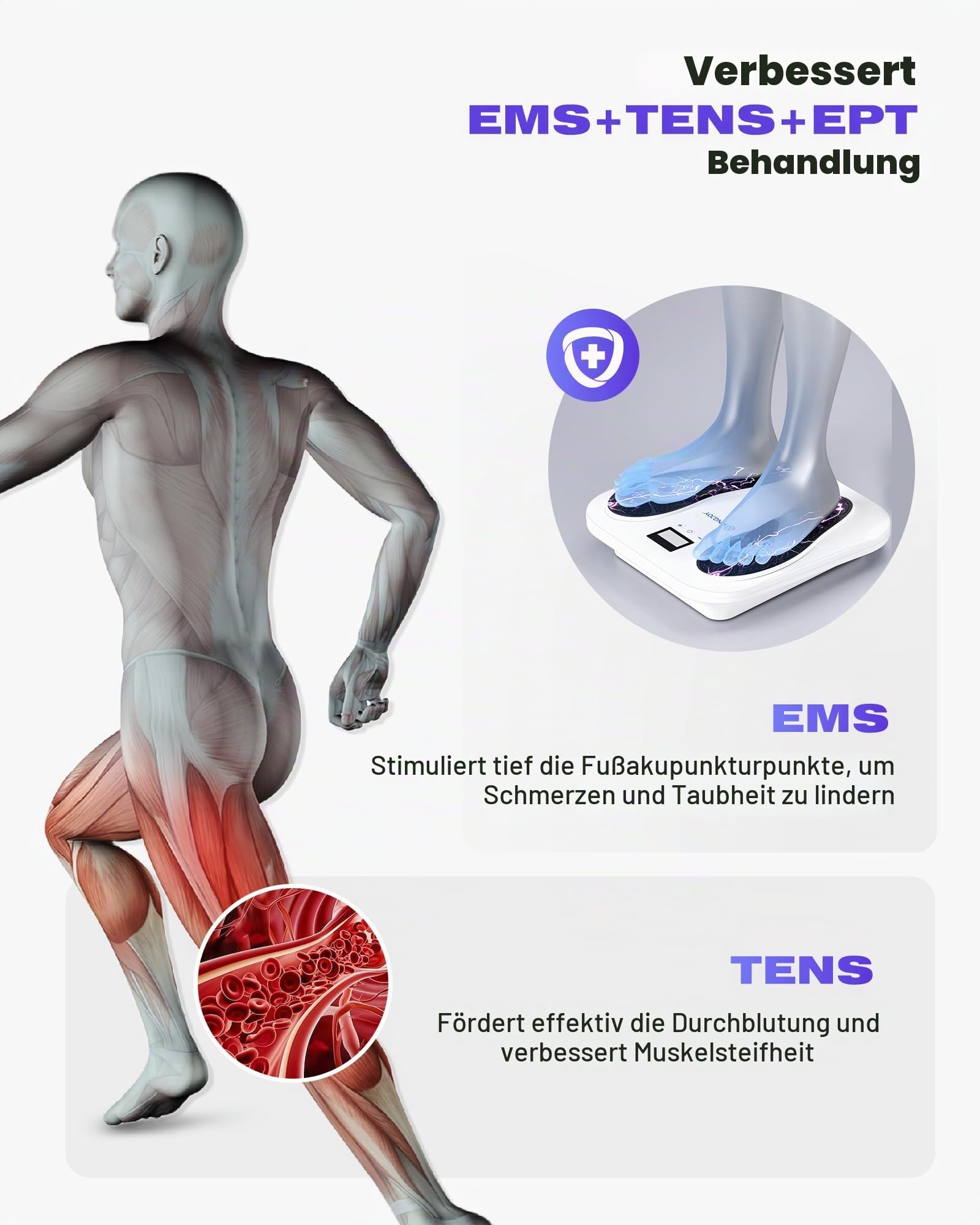 Medic Durchblutungs-Stimulator Beine & Fuß, EMS Fußmassagegerät Elektrisch mit TENS Elektroden Pads zur Neuropathie, Verbessert die Durchblutung, Linderung von Plantarfasziitis & Schmerz, Geschenk
