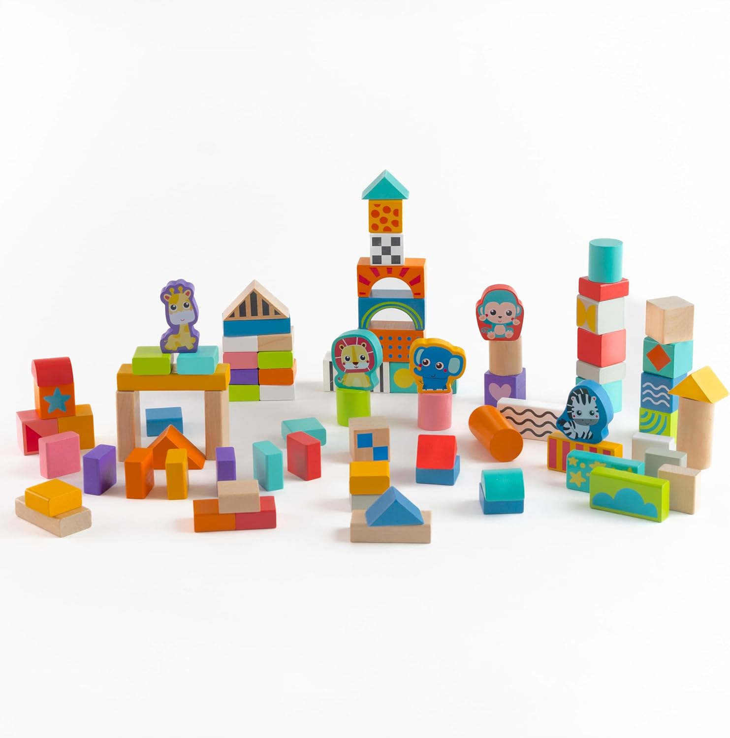 Jasey's Toy Chest Build & Imagine Wooden Blocks | 80-Piece Educational Building Set with Animal & Shape Blocks | Toddlers Ages 12+ Months