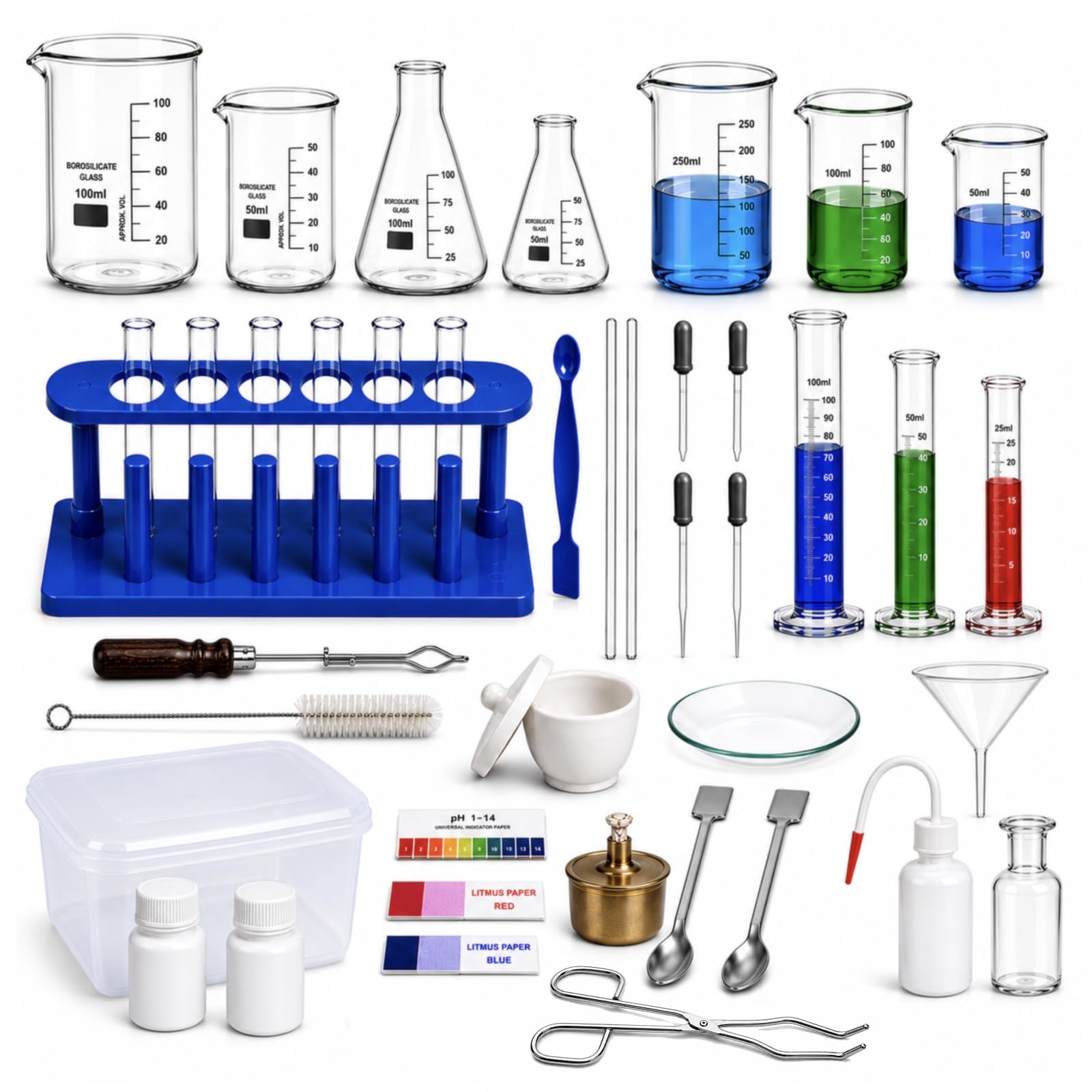Chemistry Lab Kit 36 Items for Students | Borosilicate Glass & Plastic Labware Set with Beakers, Conical Flasks, Test Tubes, Cylinders, Wash Bottle & Accessories for School Science Experiments & Lab-image-47