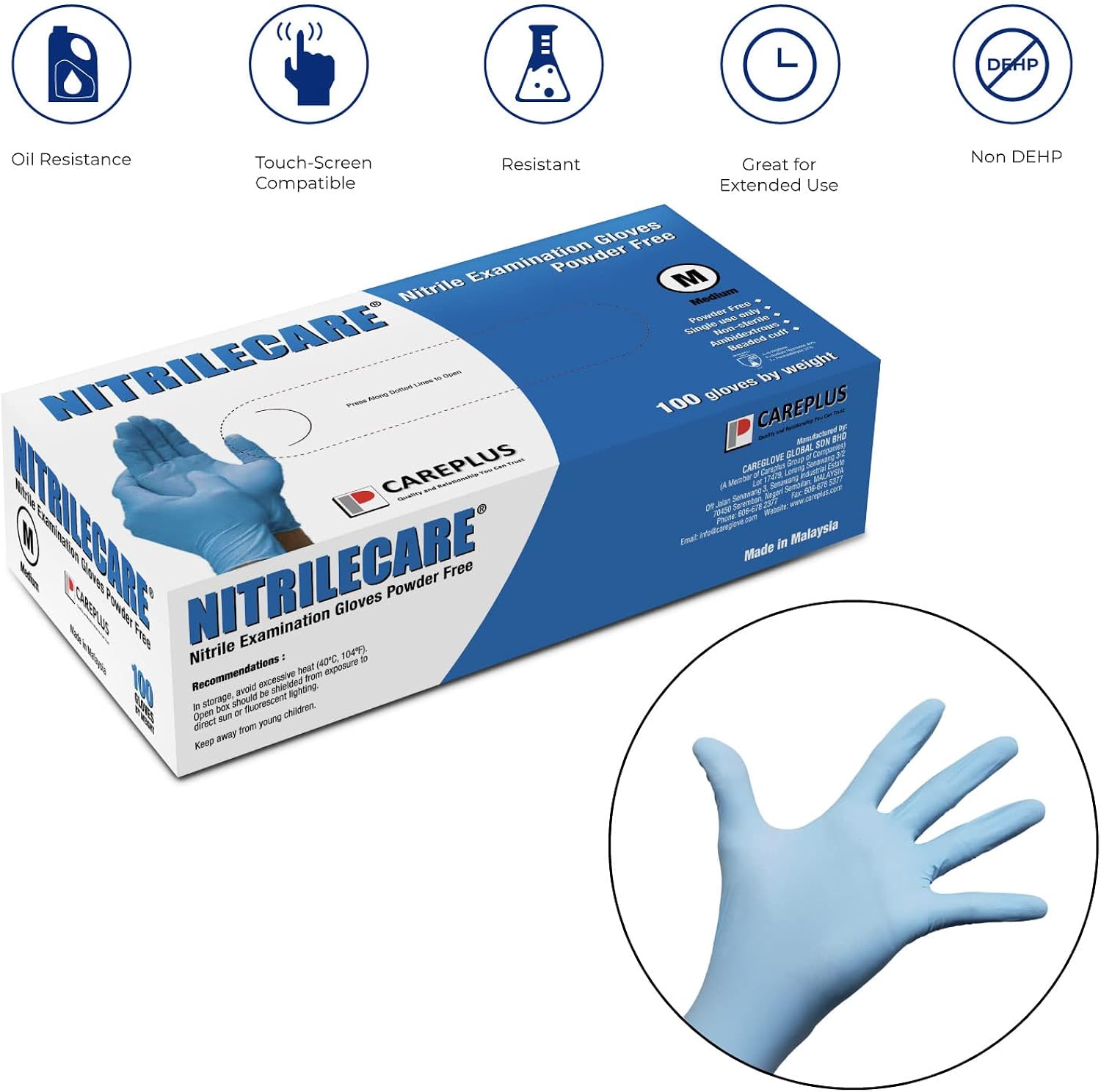 Care Plus 8FZ0001U Careplus NITRILECARE Nitrile Examination Gloves, Powder, Latex Free, Non-Sterile, Blue Medium (M) Box of 100, Count : Clothing, Shoes & Jewelry