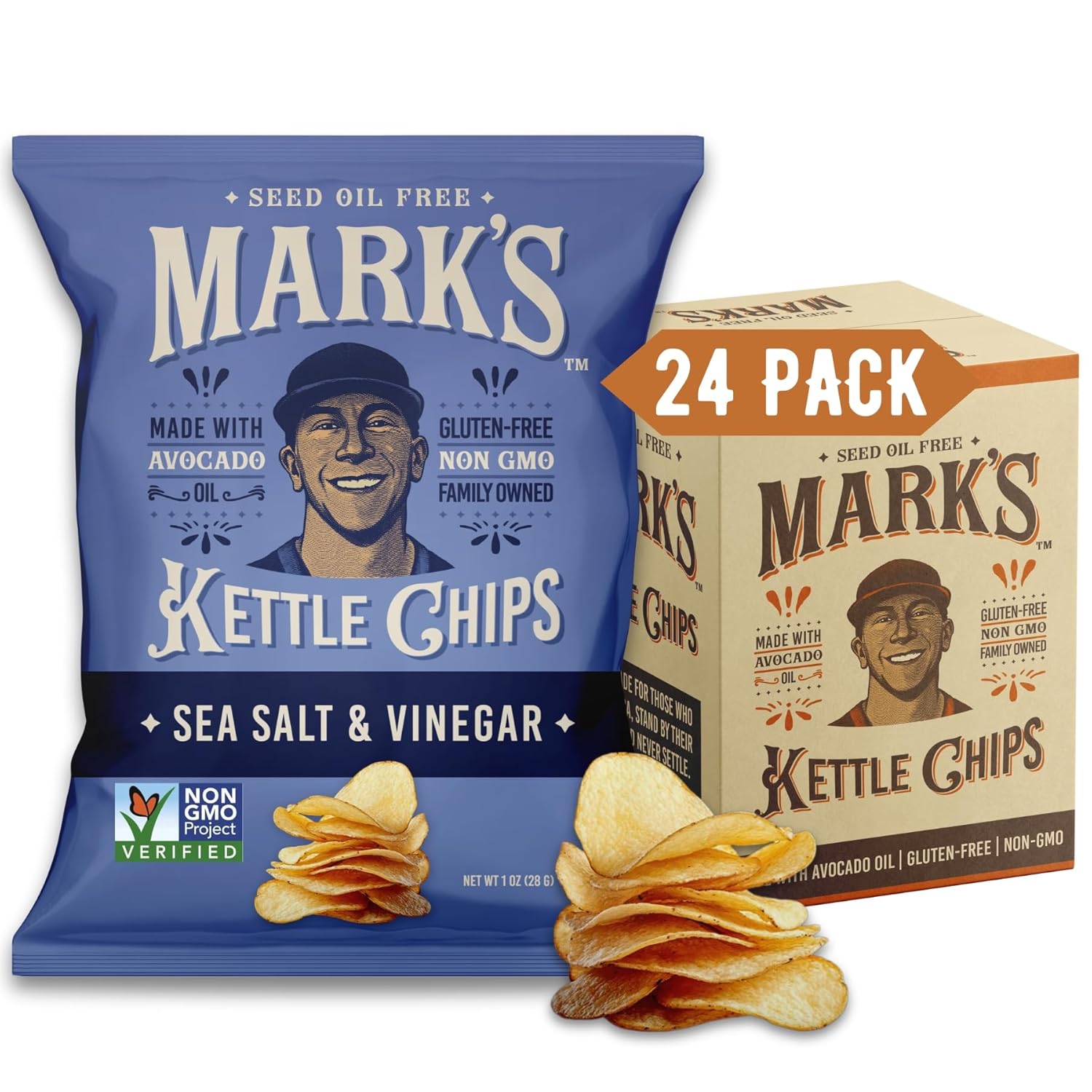 MARK’S Kettle Cooked Avocado Oil Potato Chips, Sea Salt & Vinegar – Gluten Free and Seed Oil Free | Sea Salt and Vinegar, 1 oz (Pack of 24) | Non-GMO, Chips for Clean & Healthy Snacking