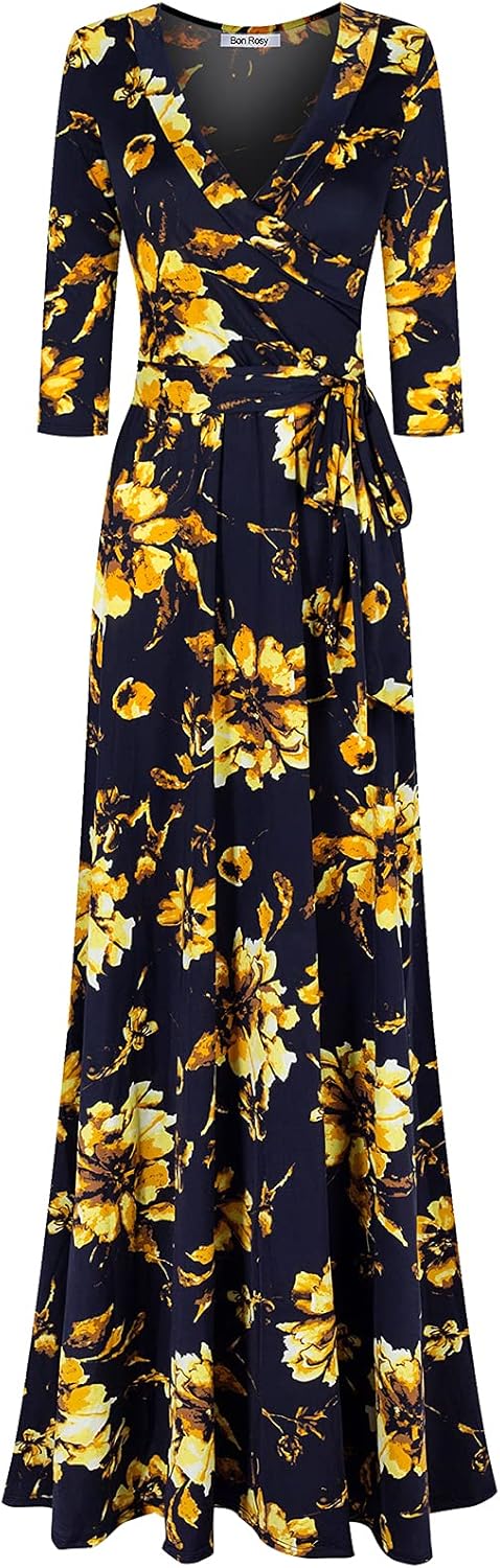 Women's 3/4 Sleeve V-Neck Printed Maxi Faux Wrap Dress Black Yellow S