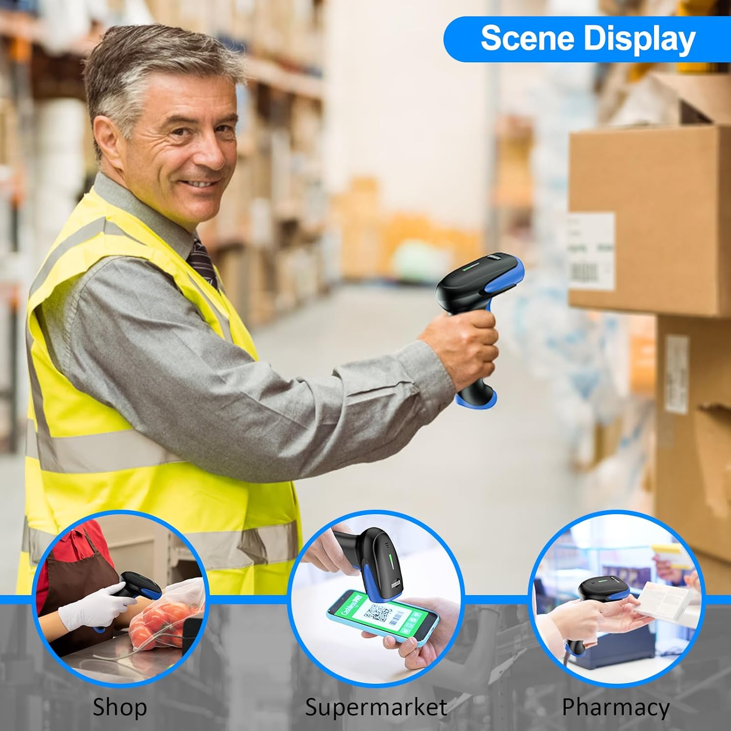 Three circular insets showing the barcode scanner being used in different environments: a shop, a supermarket, and a pharmacy.