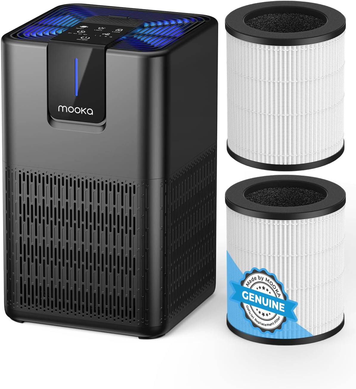 MOOKA M05 Air Purifier Black (Filter pre-installed) & 2 Packs Extra Official Certified Replacement Filter,Air Purifiers for Home Large Room Up to 1250 Ft², MOOKA H13 HEPA Air Purifier for Pets Dust