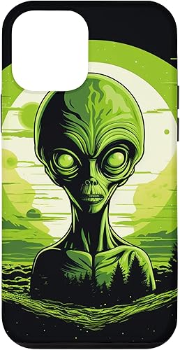 Vista 28 de iPhone 14 Pro Cute Green Alien Head UFO Space Face Alien Case