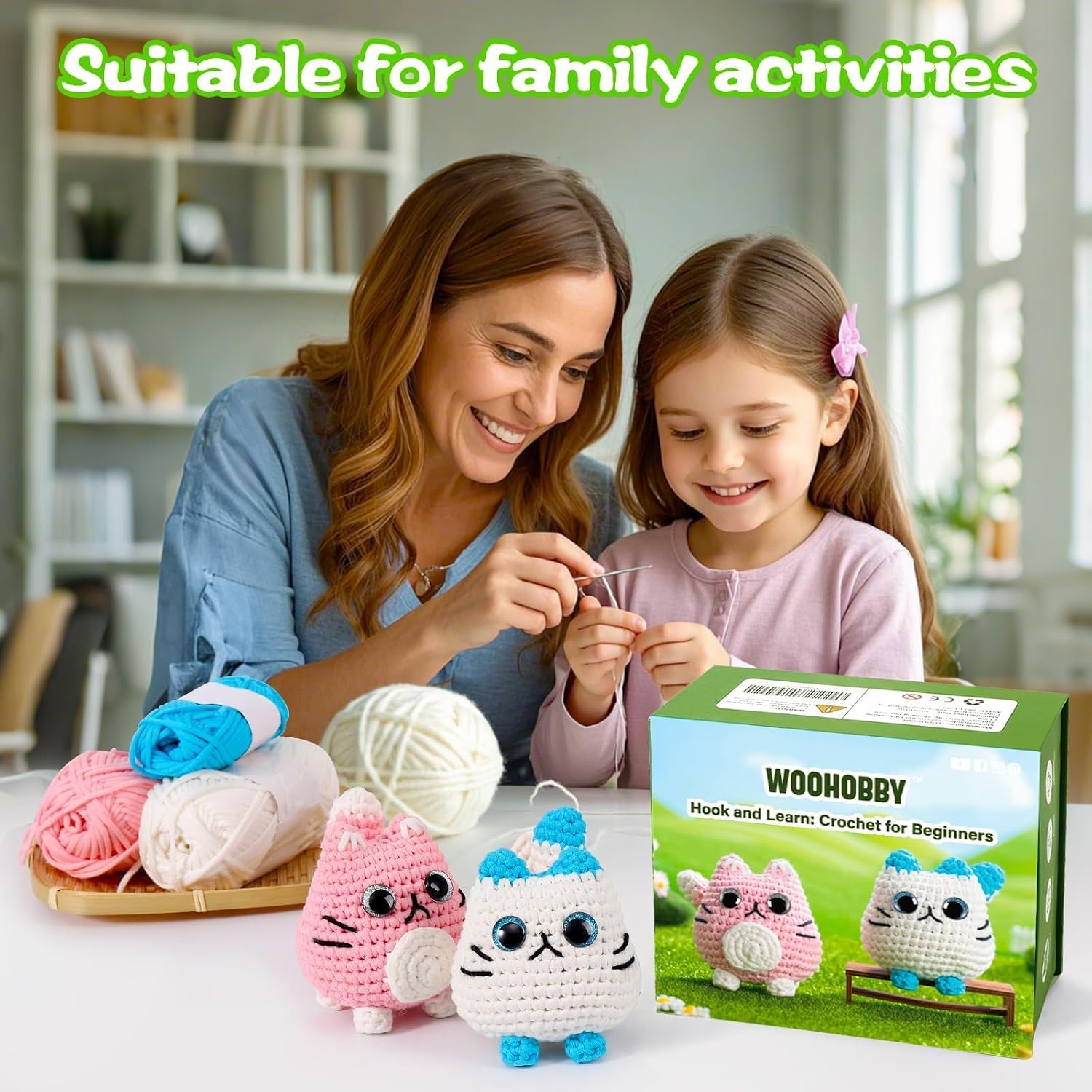 Woohobby Crochet Kit for Beginners and Adults Step-by-Step Video Tutorials 2 Pack Cat Crochet Animal Kit with Beginner Yarn for Crocheting Crochet Kit Gifts for Kids, Adults