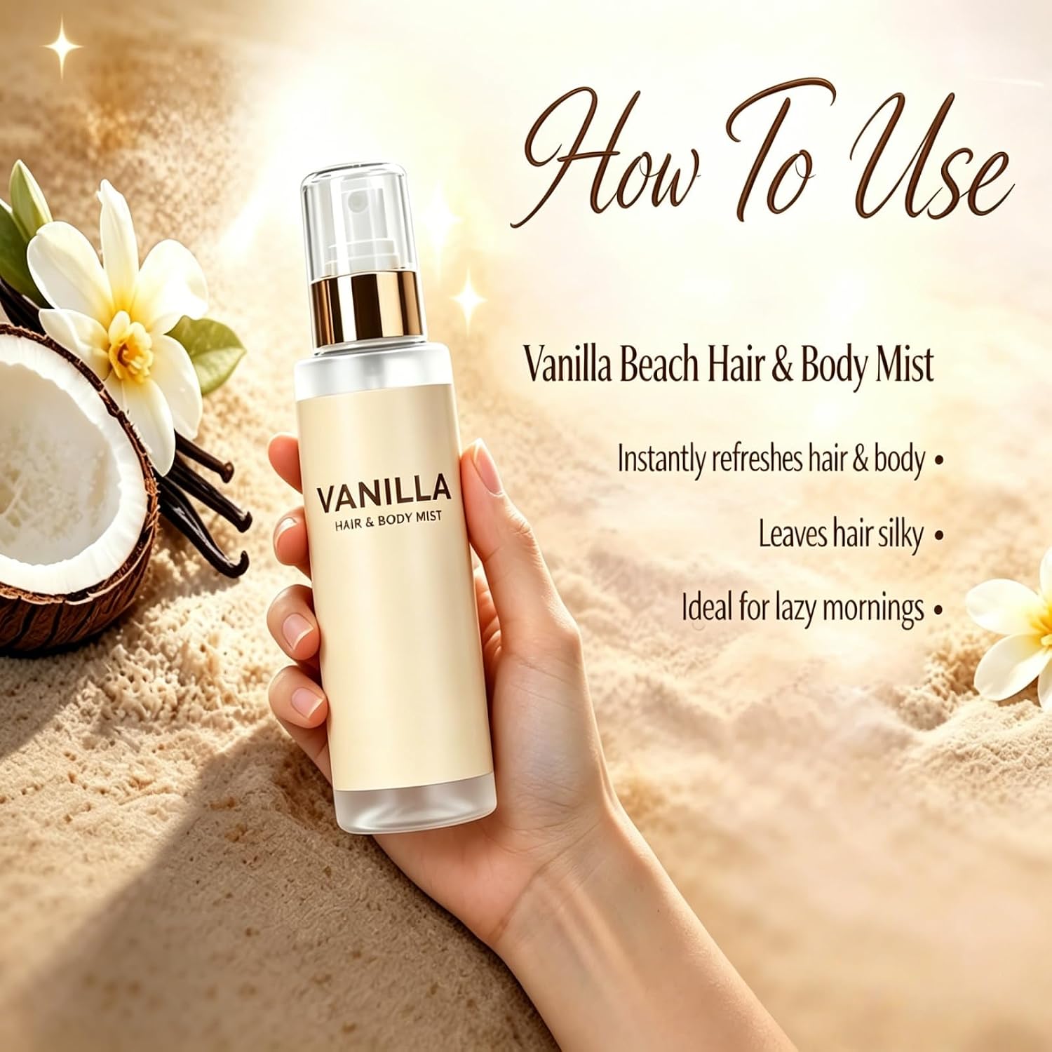 Ballavite Vanilla on the beach hair and body mist,Vanilla & Coconut Body Fragrance Spray For Women, Long-Lasting Hydrating Perfume Mist (1 pc)