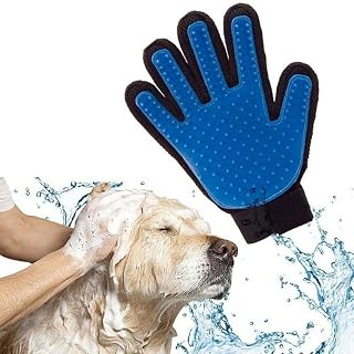 five finger deshedding glove ,Pet Grooming Gloves Cat Brushes Gloves for Gentle Shedding - Efficient Pets Hair Remover Mittens - Dog Washing Gloves for Long and Short Hair Dogs & Cats & Horses - one 's right hand(Blue)