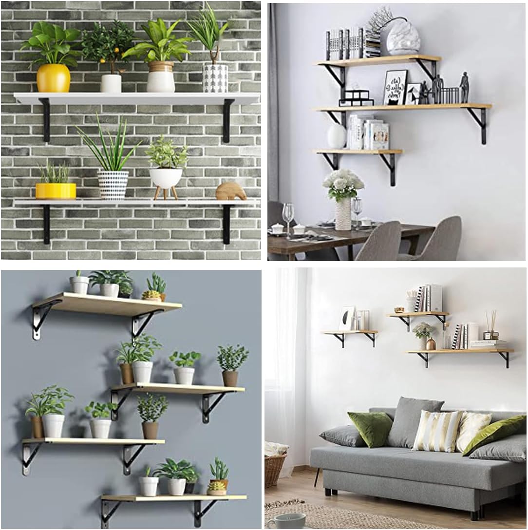 4 pcs Shelf Brackets Heavy Duty Triangle Shelving Brackets Right Angle Wall Mounted Shelf Supporters, Black 6 inch (4)